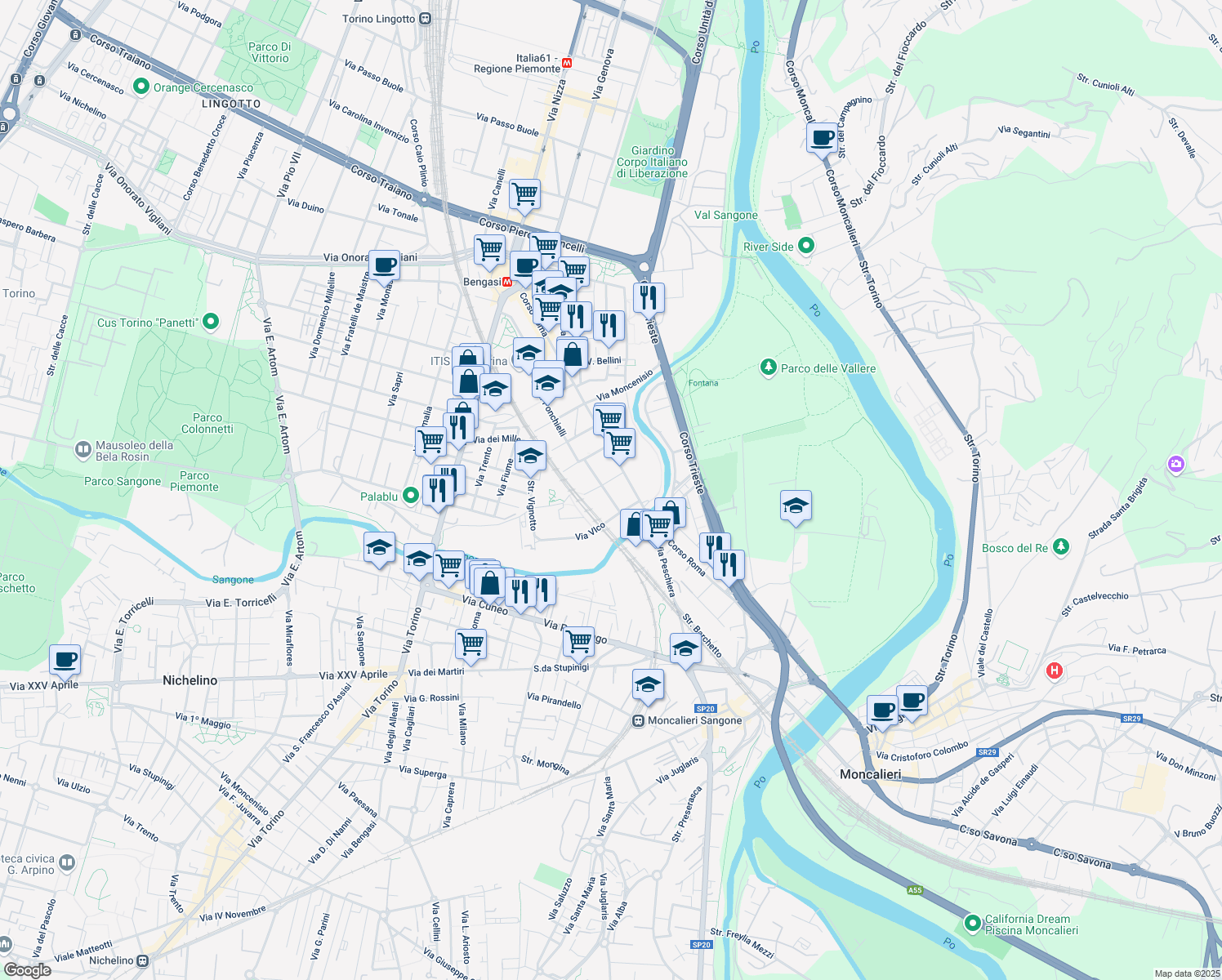 map of restaurants, bars, coffee shops, grocery stores, and more near 59 Via A. Ponchielli in Moncalieri