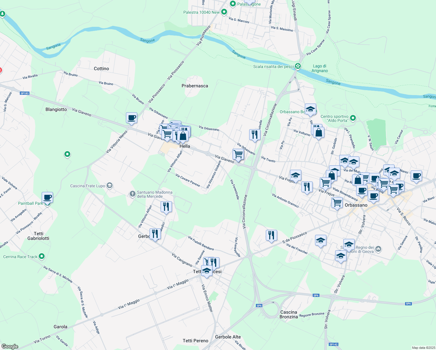map of restaurants, bars, coffee shops, grocery stores, and more near 18 Via G. da Verazzano in Hella