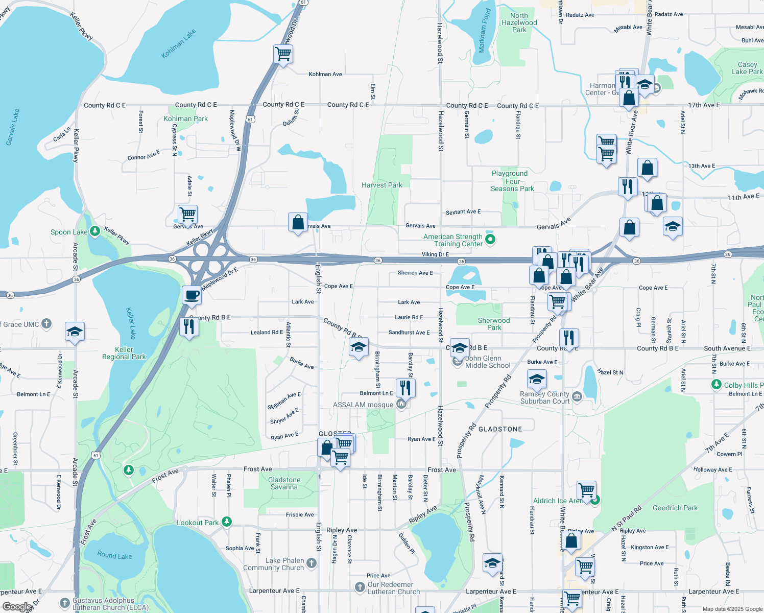 map of restaurants, bars, coffee shops, grocery stores, and more near 1420 Lark Avenue in Saint Paul