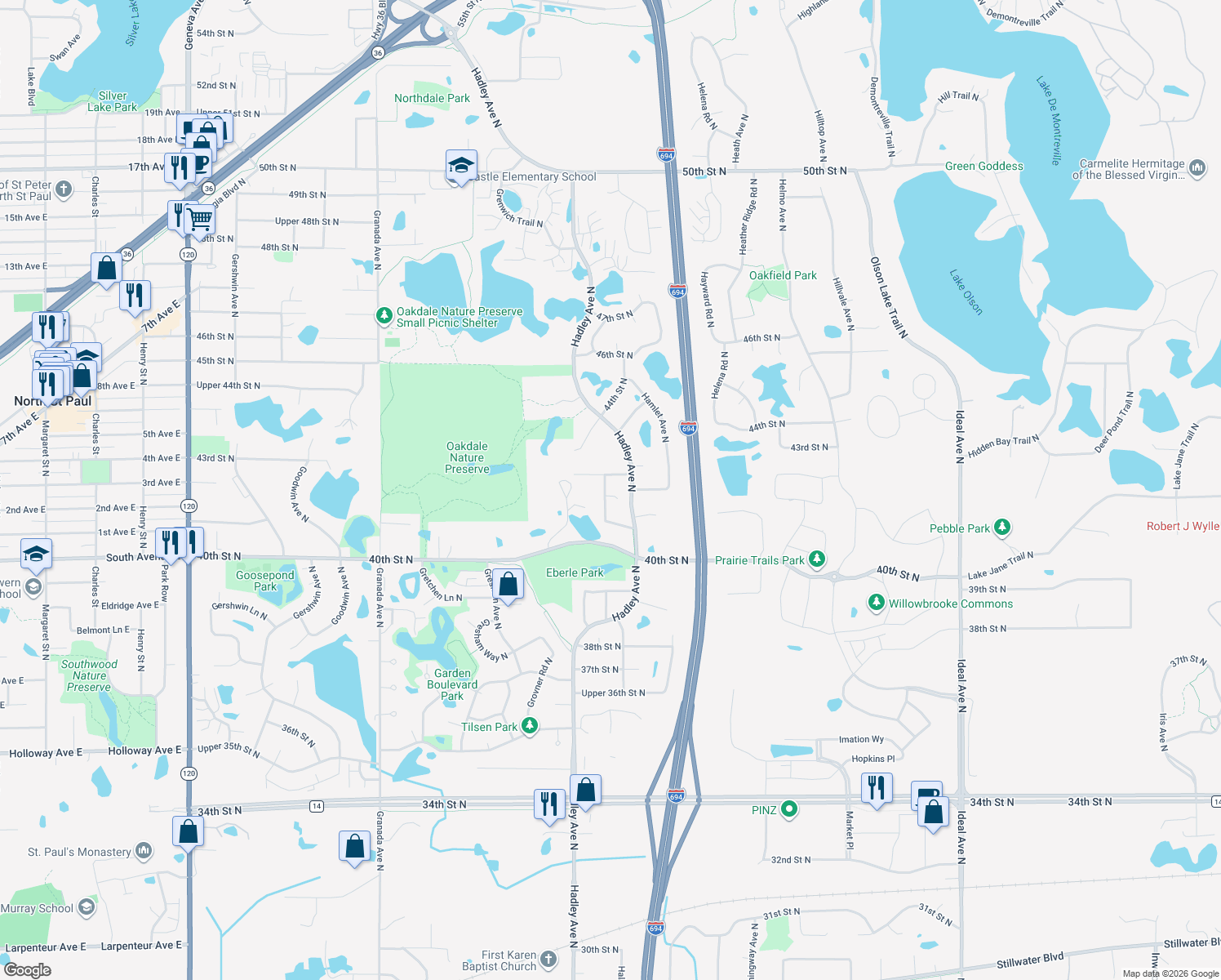 map of restaurants, bars, coffee shops, grocery stores, and more near 7094 42nd Street Court in Oakdale