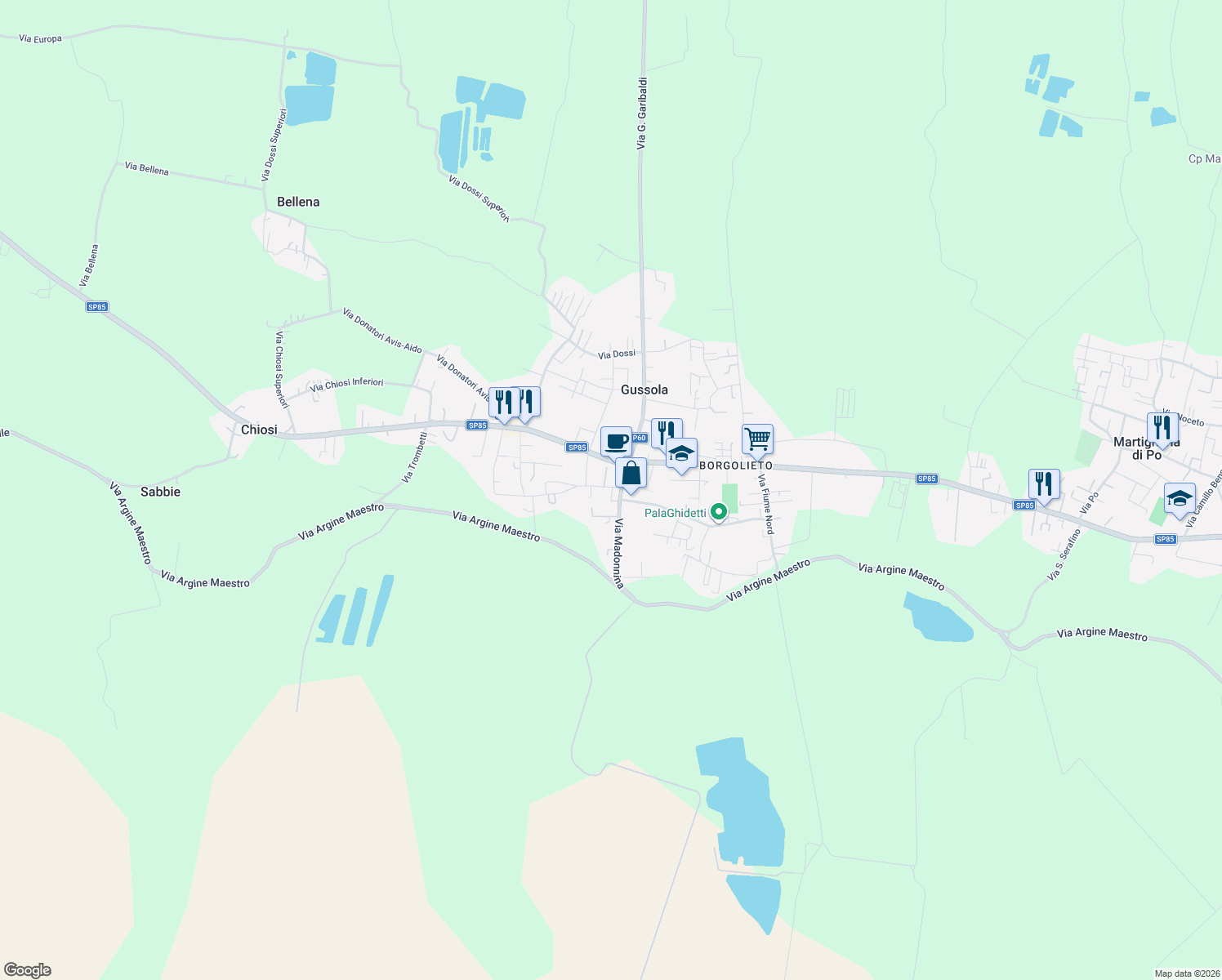 map of restaurants, bars, coffee shops, grocery stores, and more near 1 Via Guglielmo Marconi in Gussola