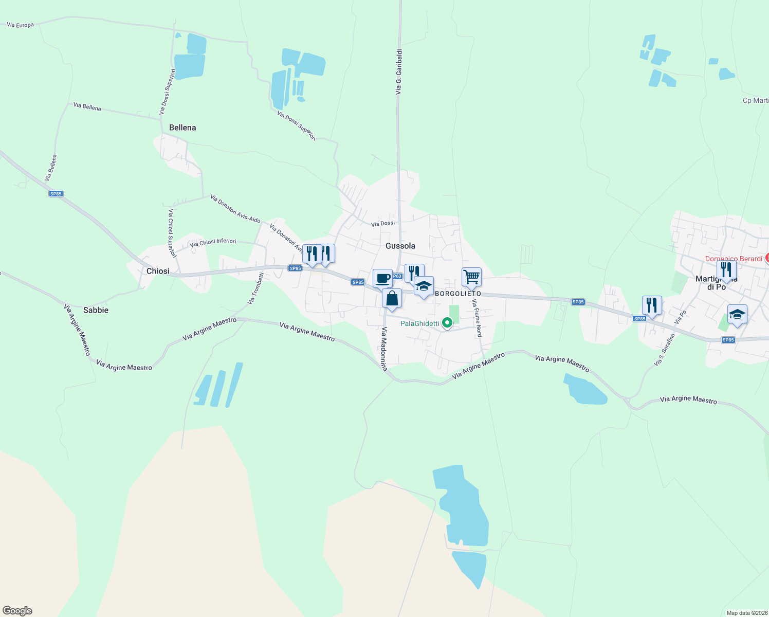map of restaurants, bars, coffee shops, grocery stores, and more near 1 Via Guglielmo Marconi in Gussola