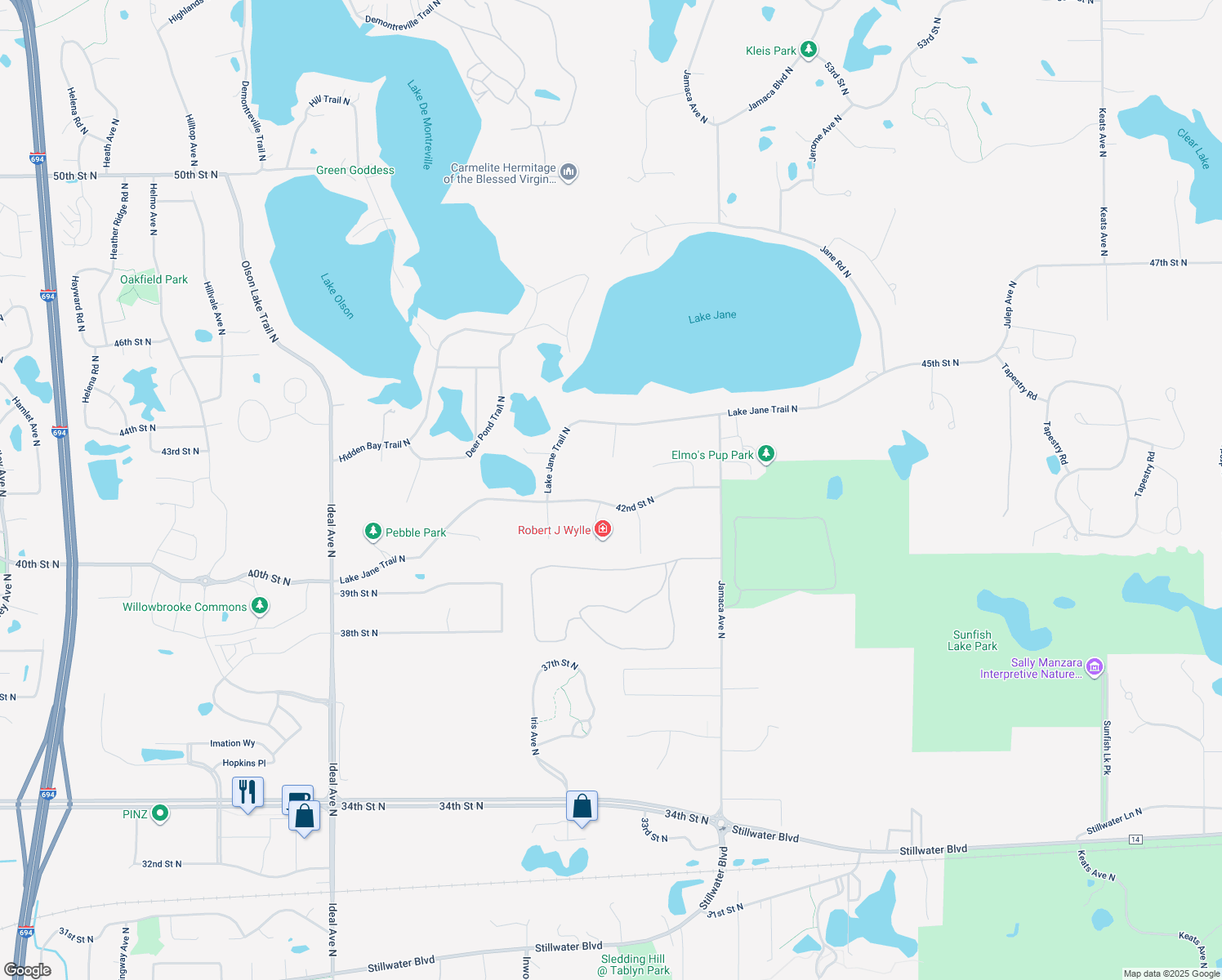 map of restaurants, bars, coffee shops, grocery stores, and more near 8720 42nd Street North in Lake Elmo