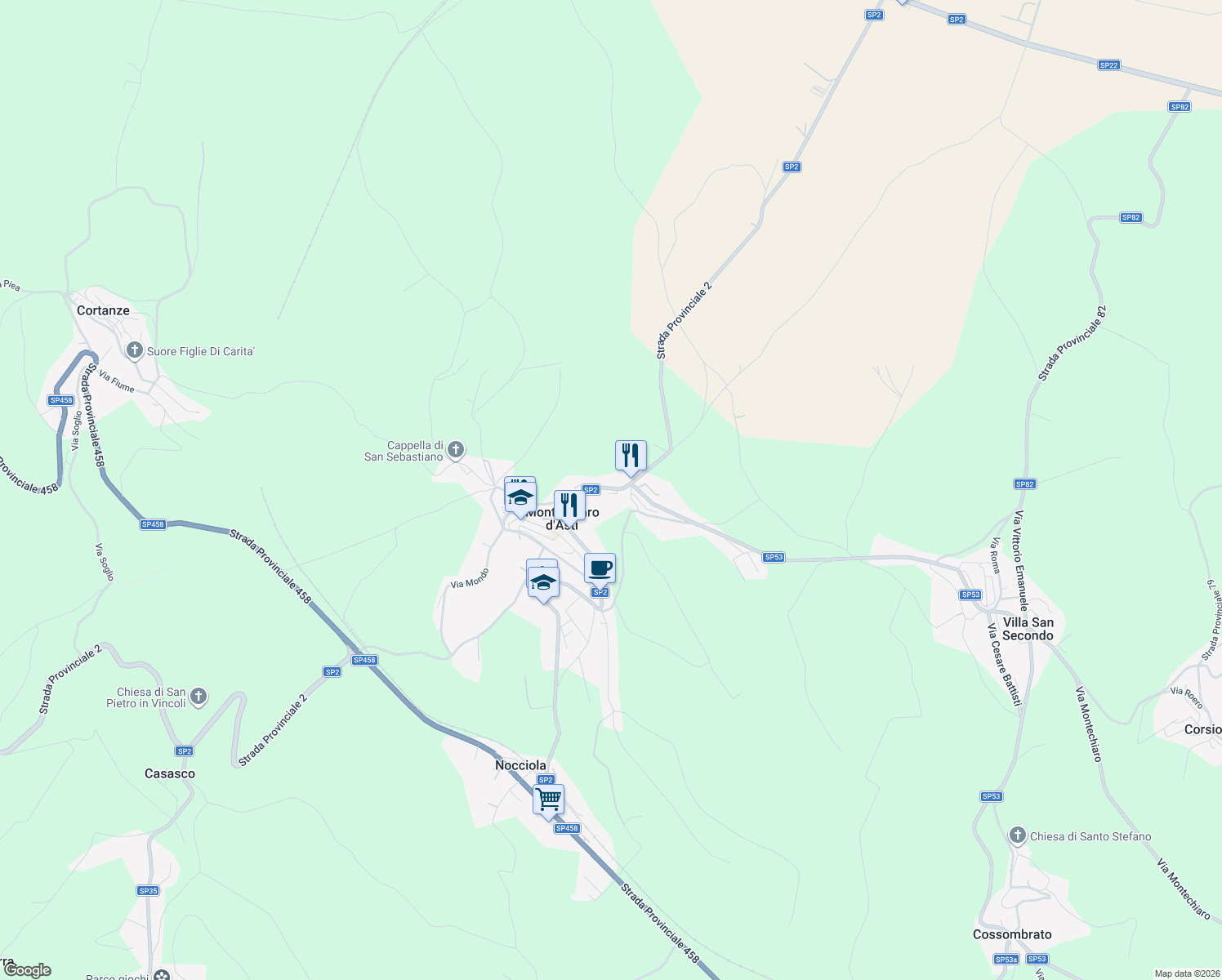 map of restaurants, bars, coffee shops, grocery stores, and more near 56 Via Mairano in Montechiaro d'Asti