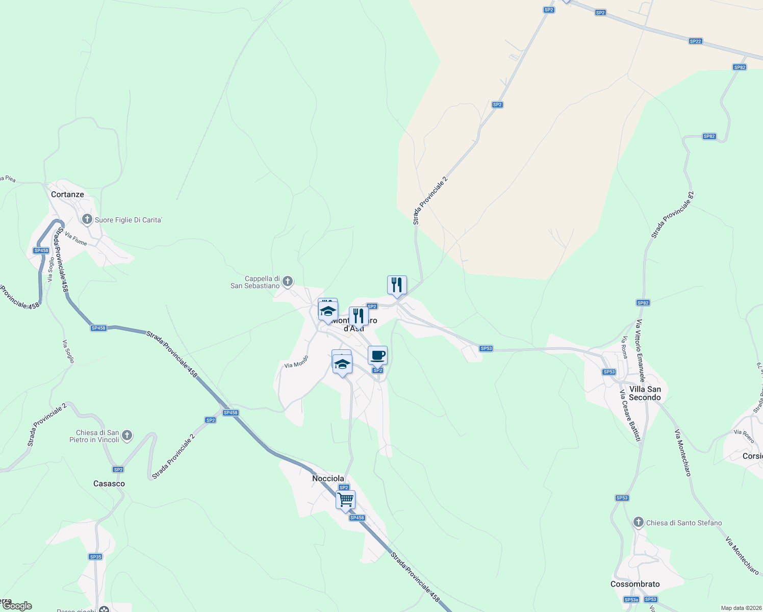 map of restaurants, bars, coffee shops, grocery stores, and more near 56 Via Mairano in Montechiaro d'Asti