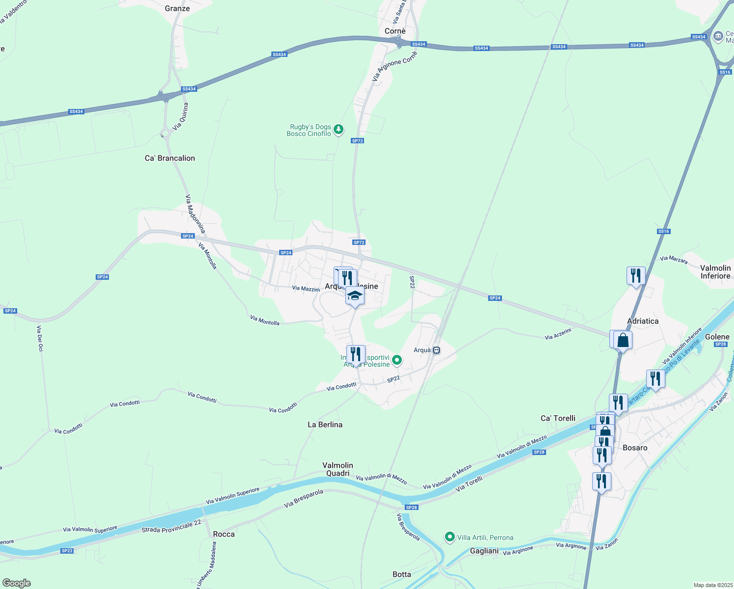 map of restaurants, bars, coffee shops, grocery stores, and more near 86 Piazza Umberto I in Arquà Polesine