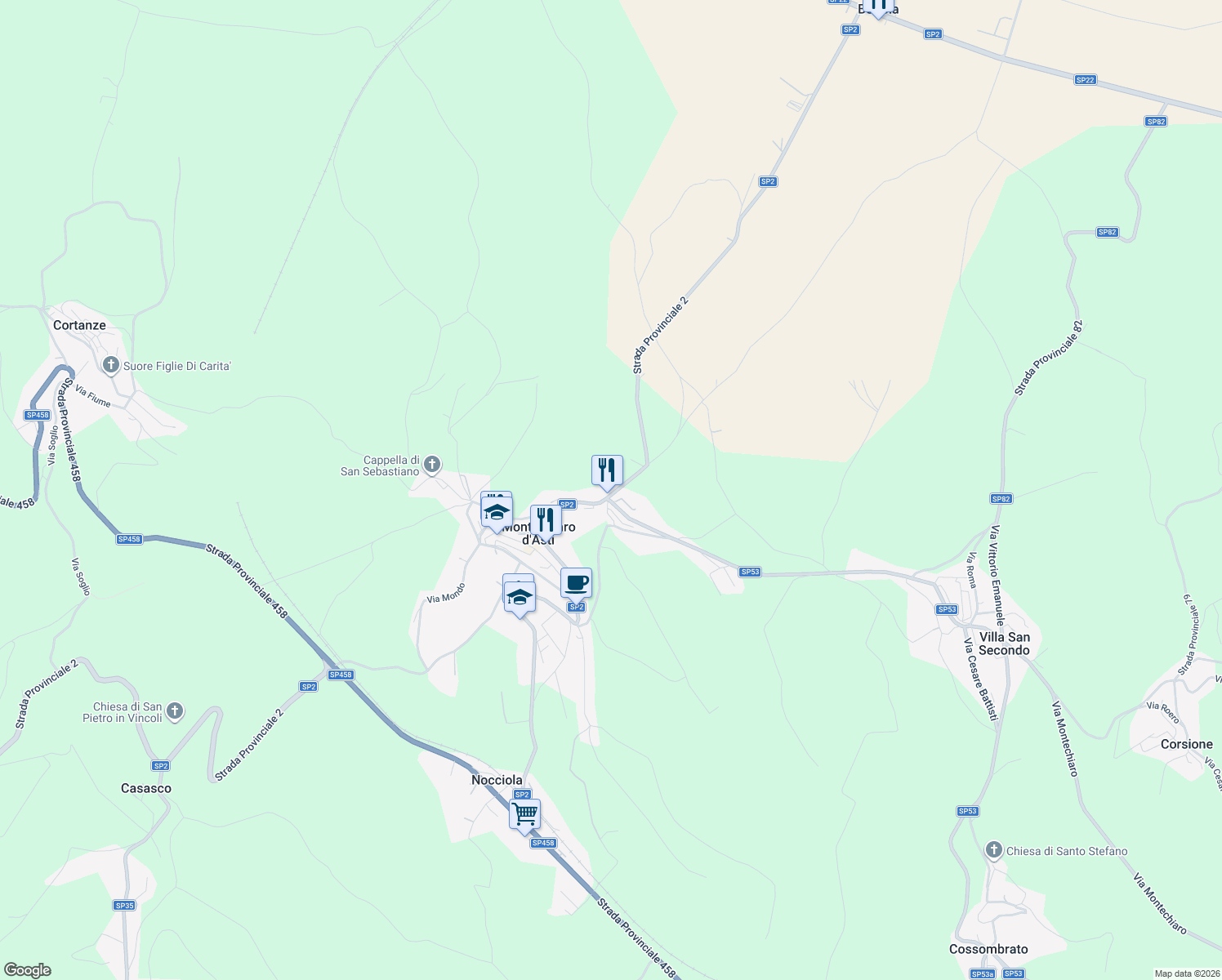 map of restaurants, bars, coffee shops, grocery stores, and more near 54 Via Mairano in Montechiaro d'Asti