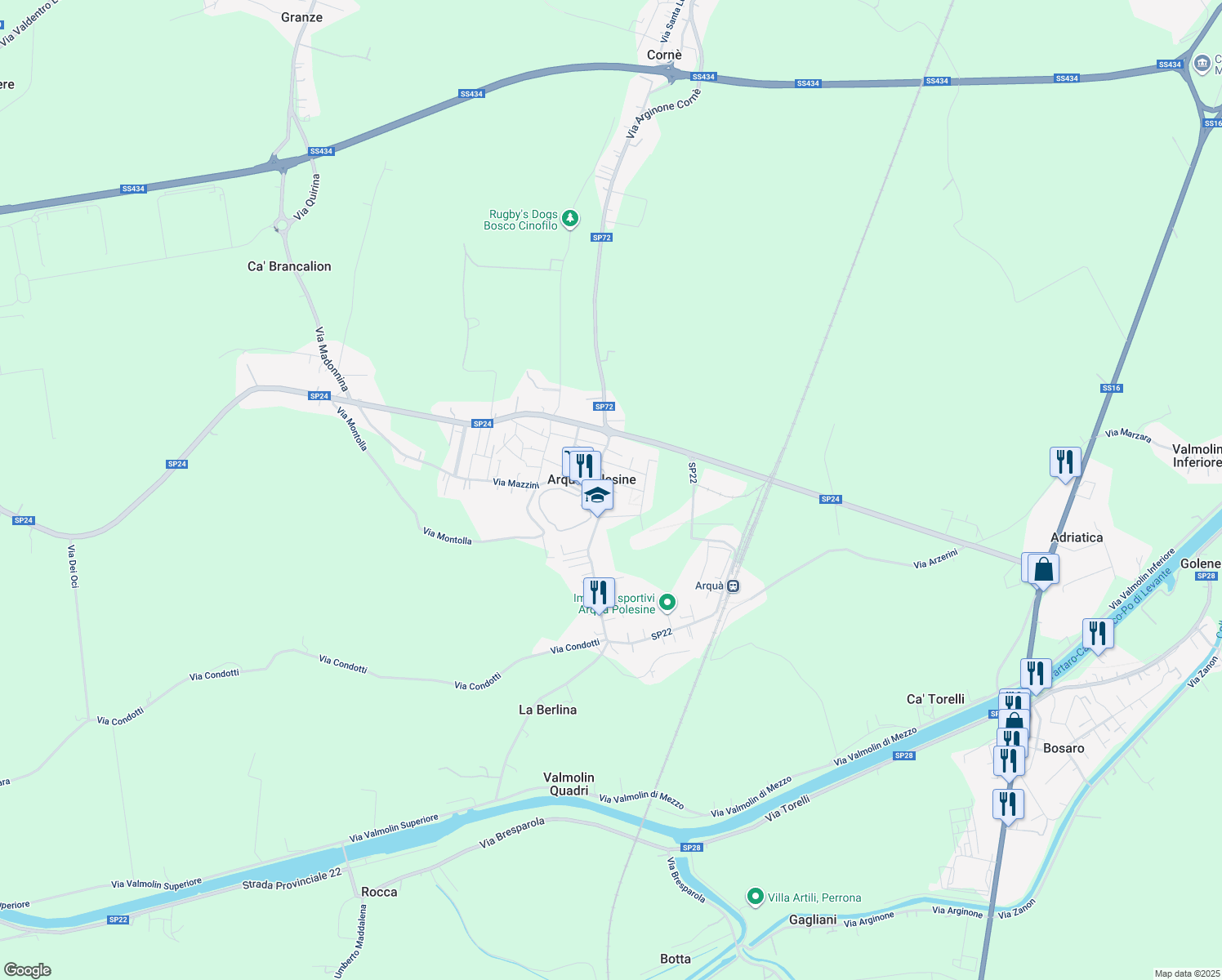 map of restaurants, bars, coffee shops, grocery stores, and more near 86 Piazza Umberto I in Arquà Polesine