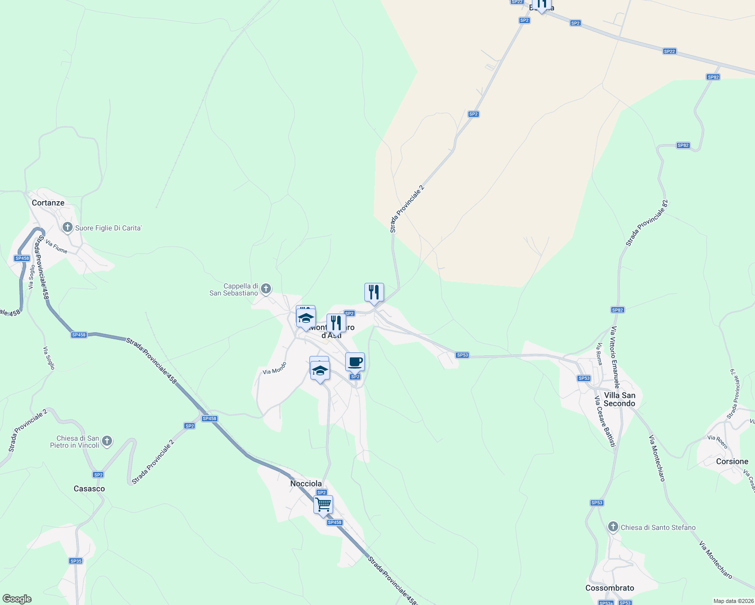 map of restaurants, bars, coffee shops, grocery stores, and more near 54 Via Mairano in Montechiaro d'Asti