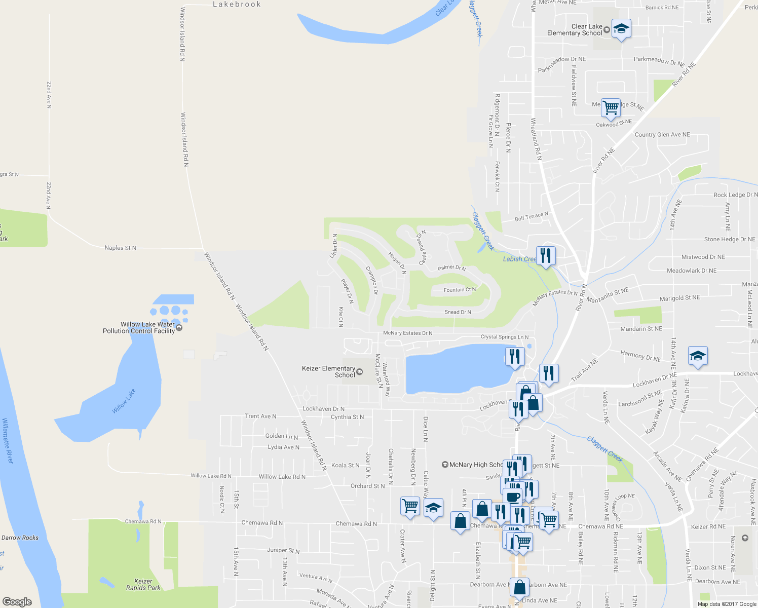 map of restaurants, bars, coffee shops, grocery stores, and more near 6188 Crampton Drive in Keizer