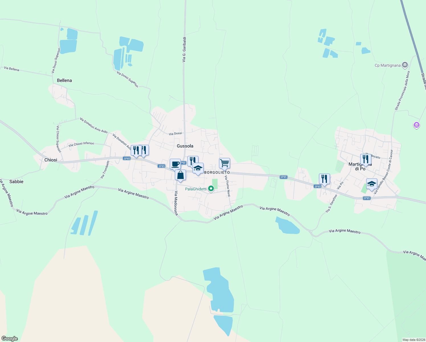 map of restaurants, bars, coffee shops, grocery stores, and more near 85 Via Trento Trieste in Gussola