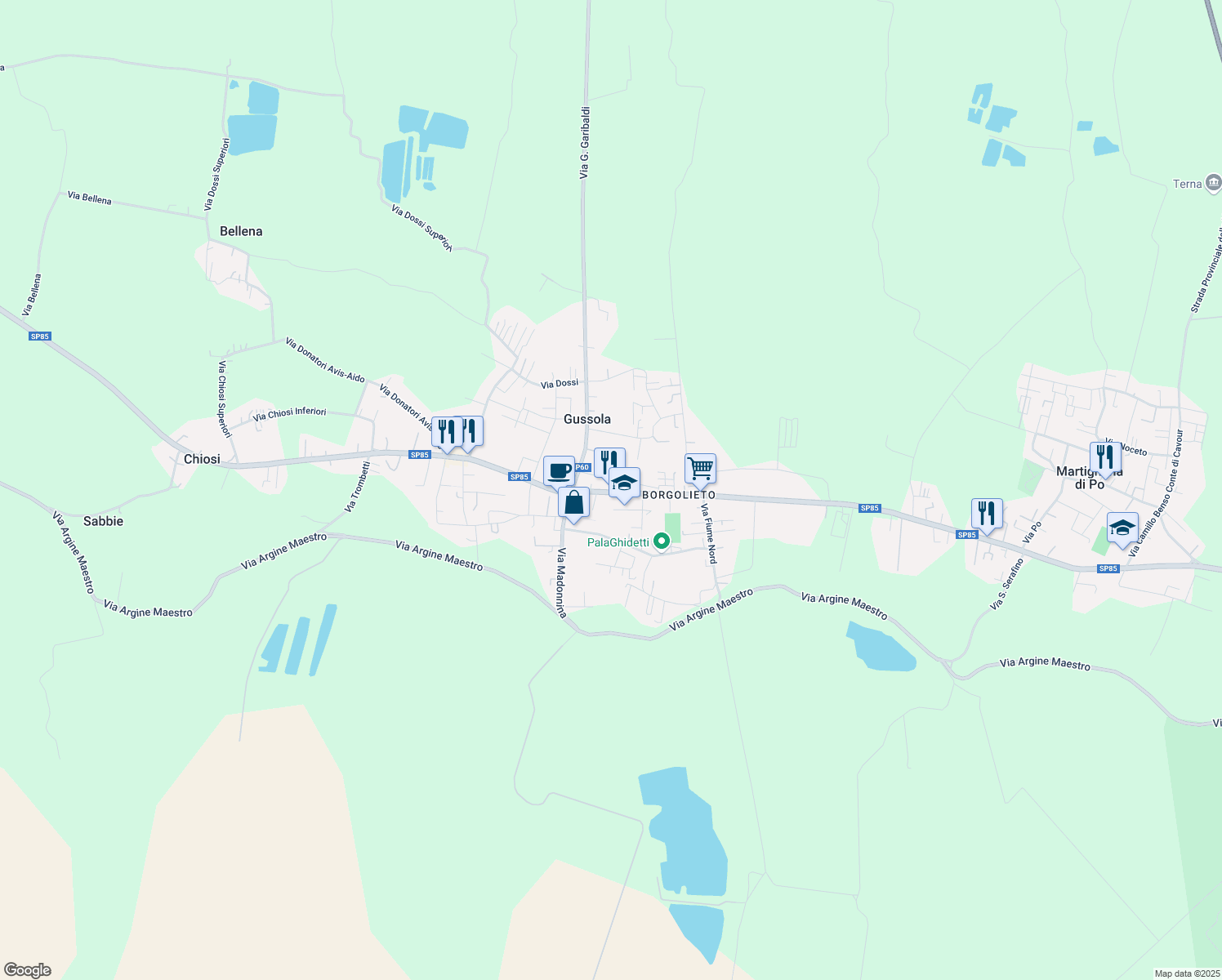 map of restaurants, bars, coffee shops, grocery stores, and more near 25 Via XX Settembre in Gussola