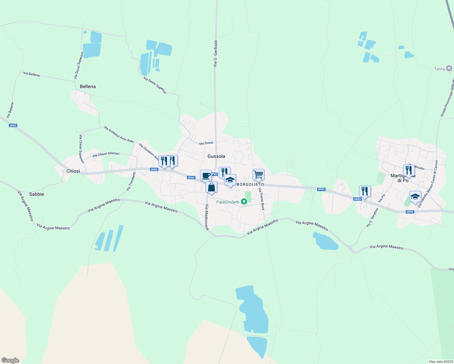 map of restaurants, bars, coffee shops, grocery stores, and more near 3-25 Via XX Settembre in Gussola