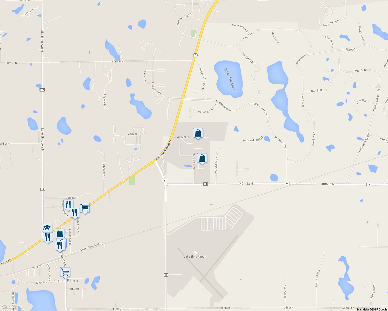 map of restaurants, bars, coffee shops, grocery stores, and more near 7616 43rd Street North in Stillwater