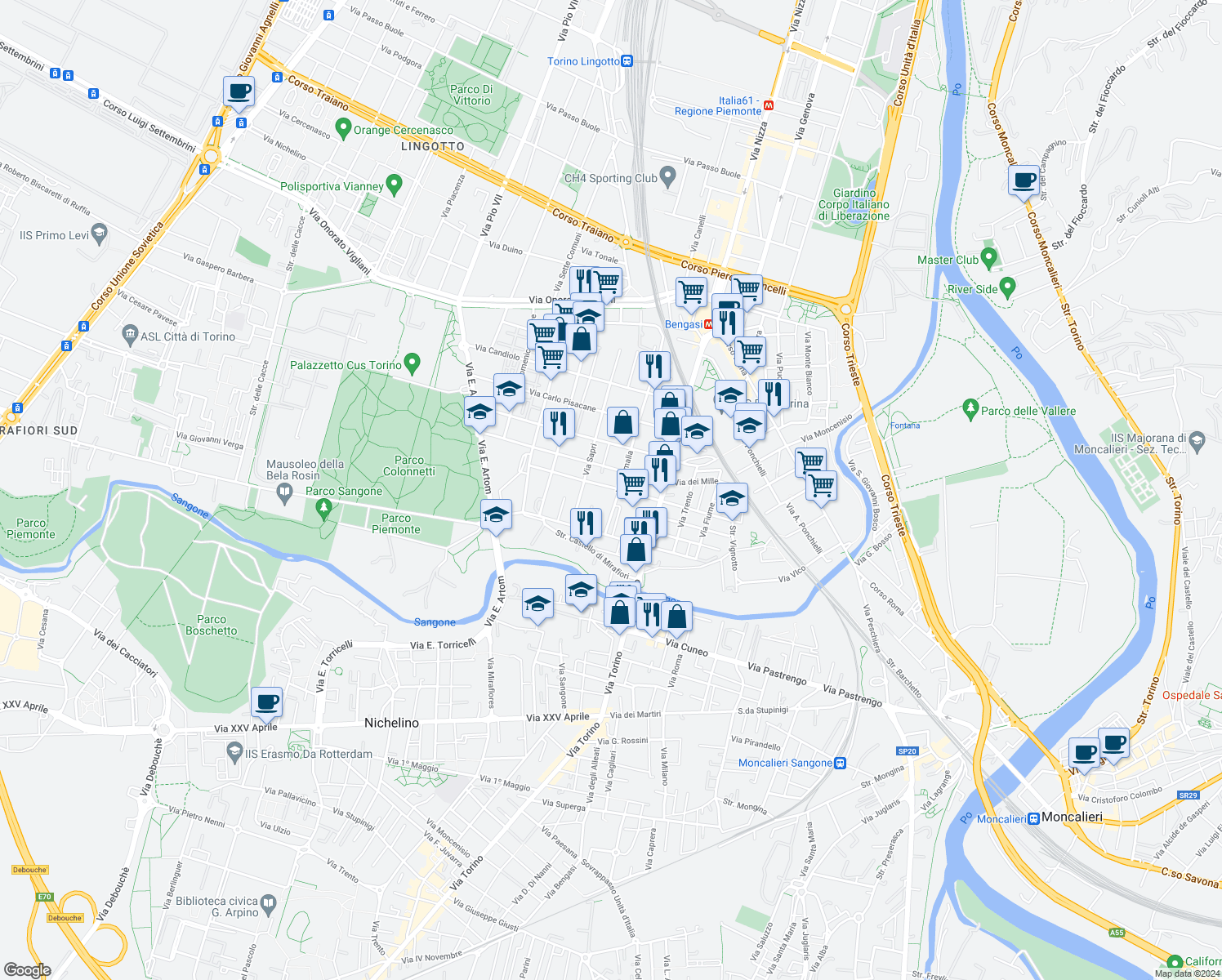 map of restaurants, bars, coffee shops, grocery stores, and more near 5 Via Cormons in Torino
