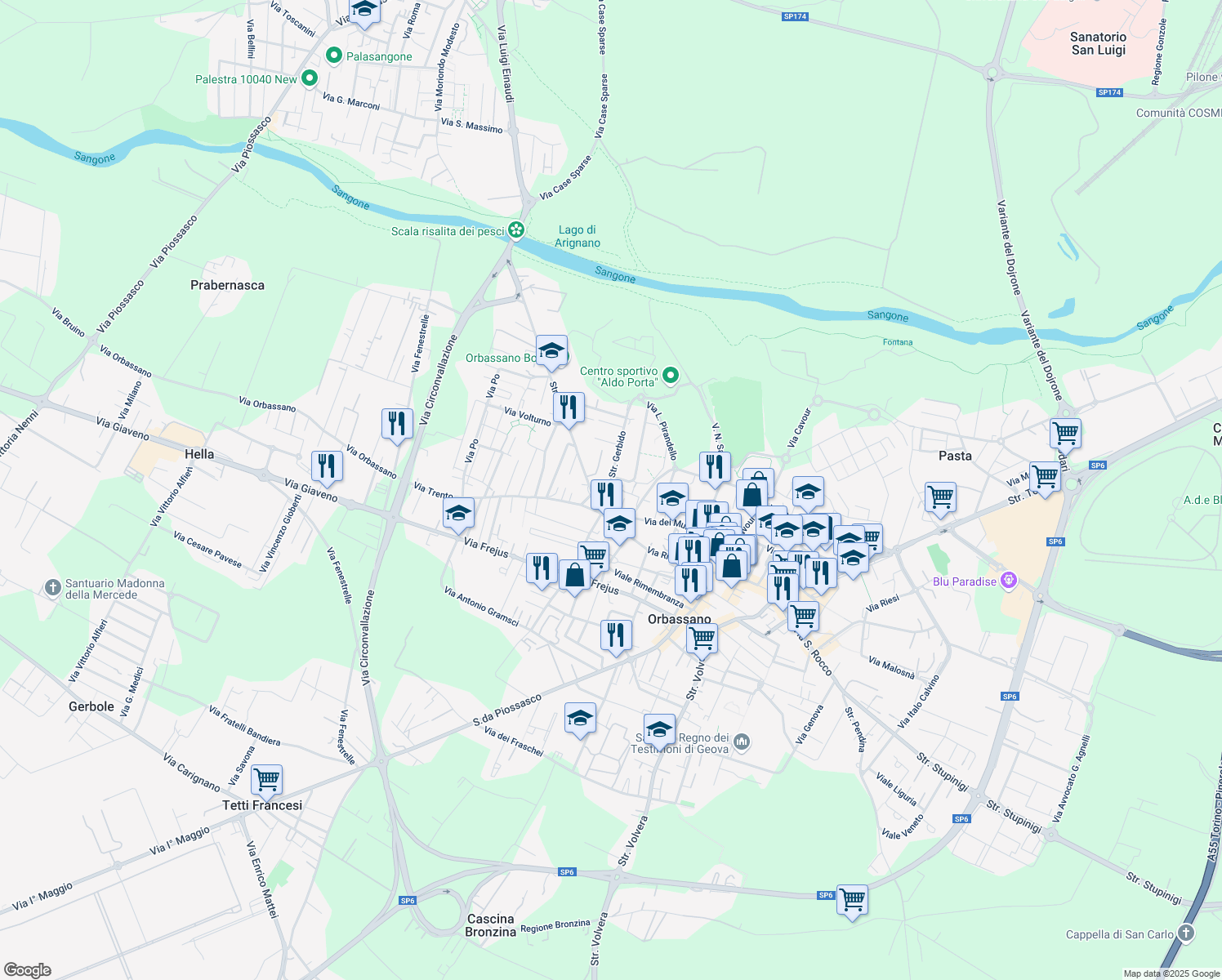 map of restaurants, bars, coffee shops, grocery stores, and more near 5 Strada Gerbido in Orbassano