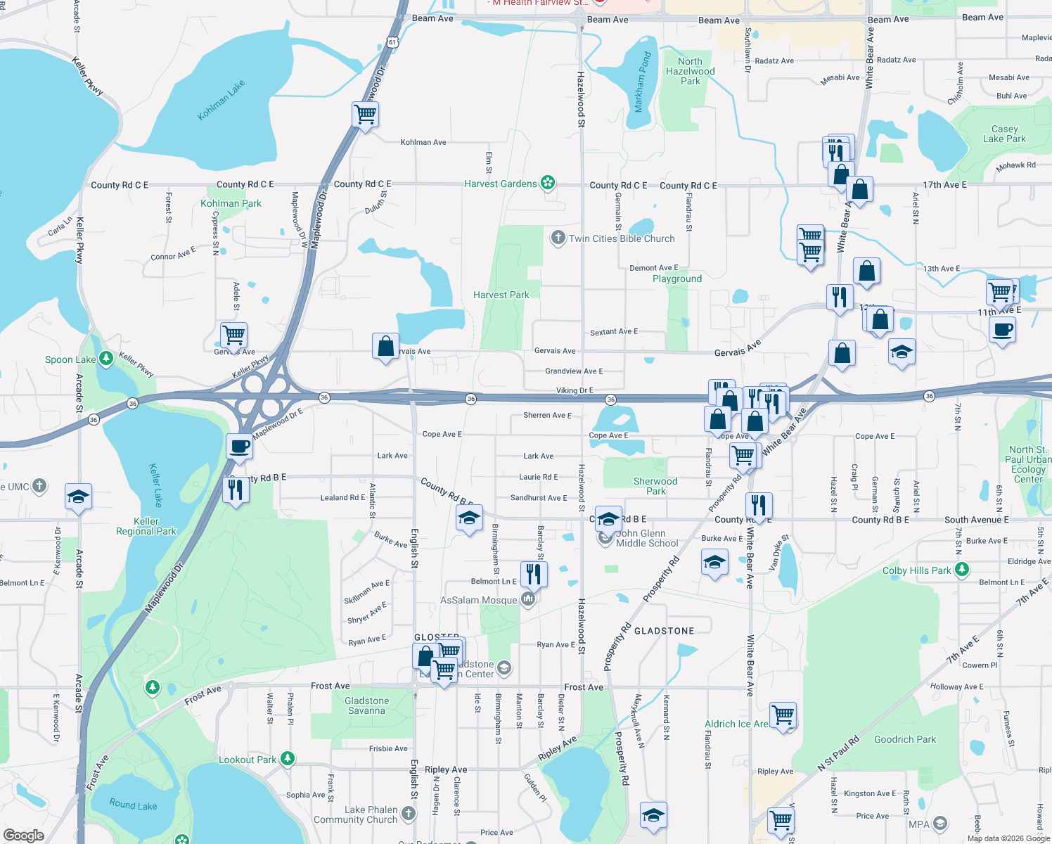 map of restaurants, bars, coffee shops, grocery stores, and more near 1460 Sherren Ave E in Maplewood