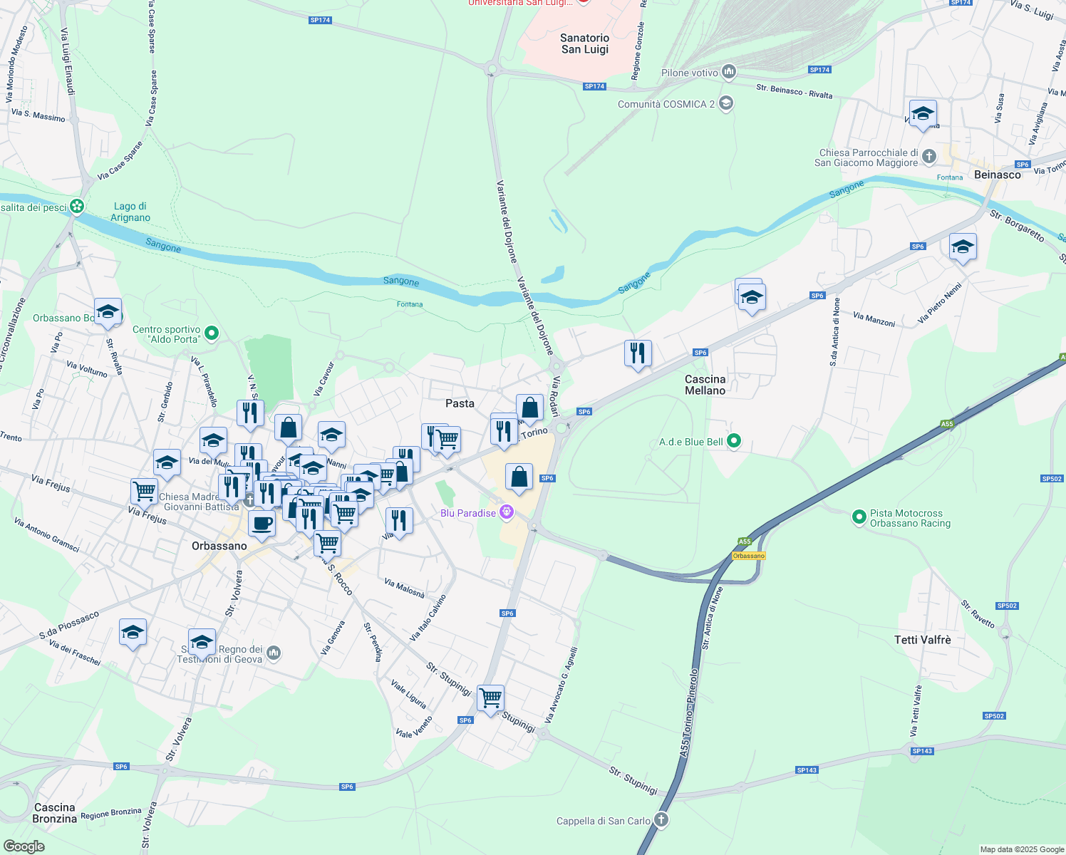 map of restaurants, bars, coffee shops, grocery stores, and more near 95 Strada Torino in Pasta