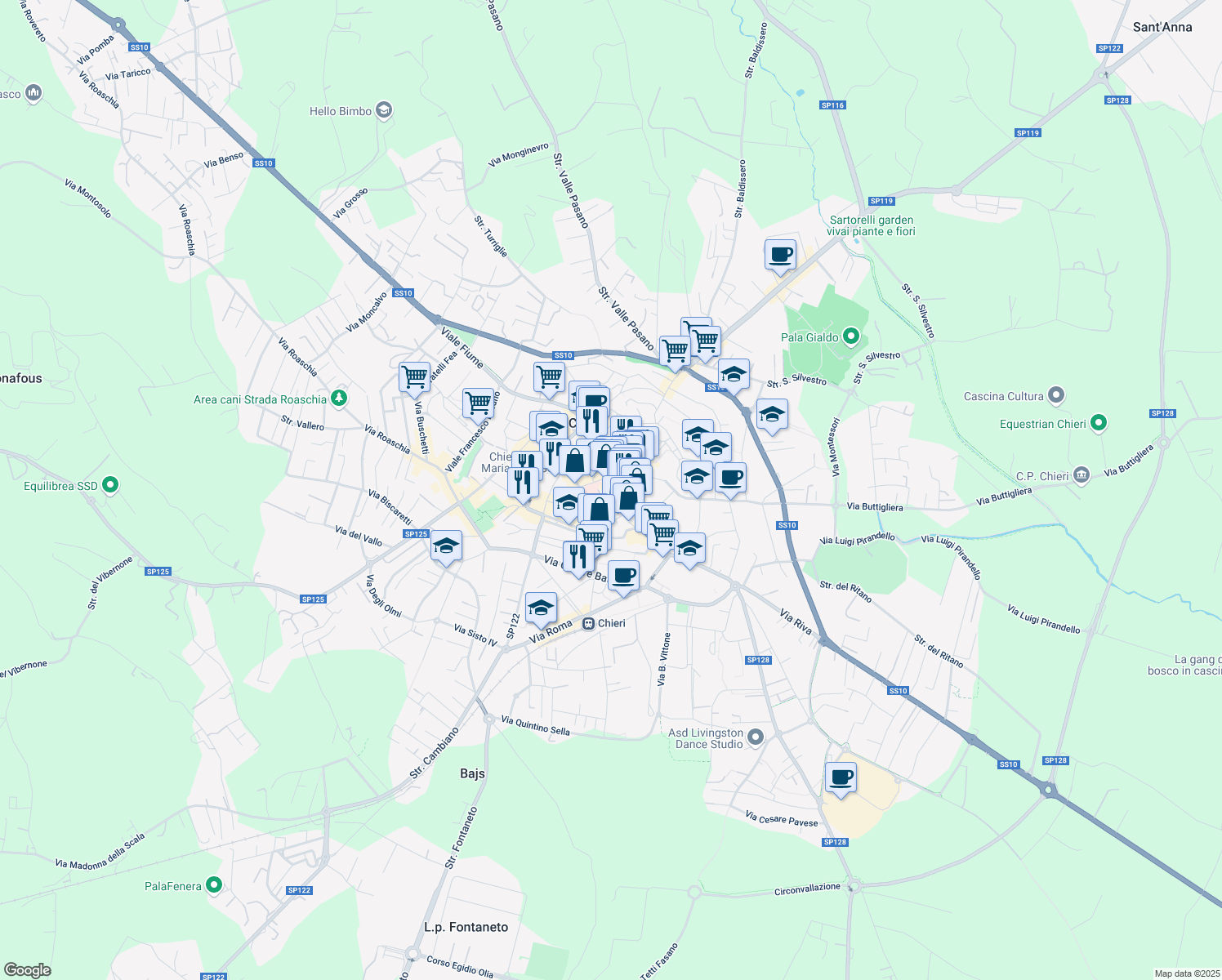 map of restaurants, bars, coffee shops, grocery stores, and more near 4 Piazza Umberto in Chieri