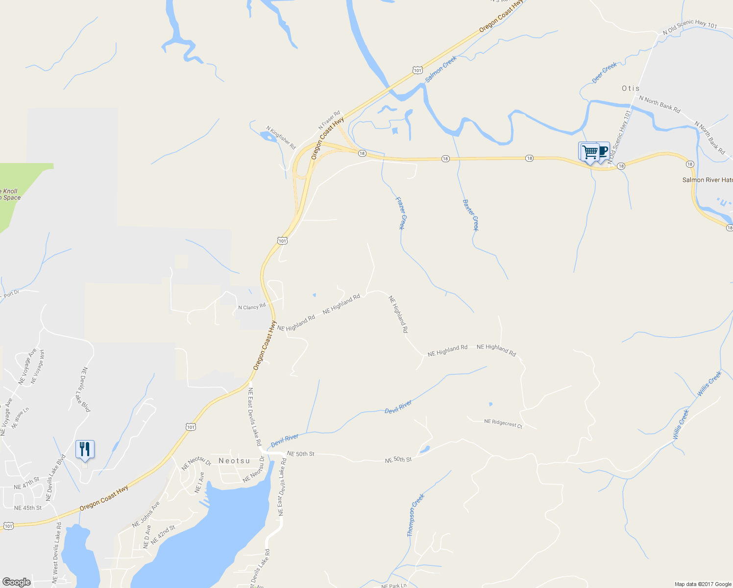 map of restaurants, bars, coffee shops, grocery stores, and more near 6905 Northeast Highland Road in Otis