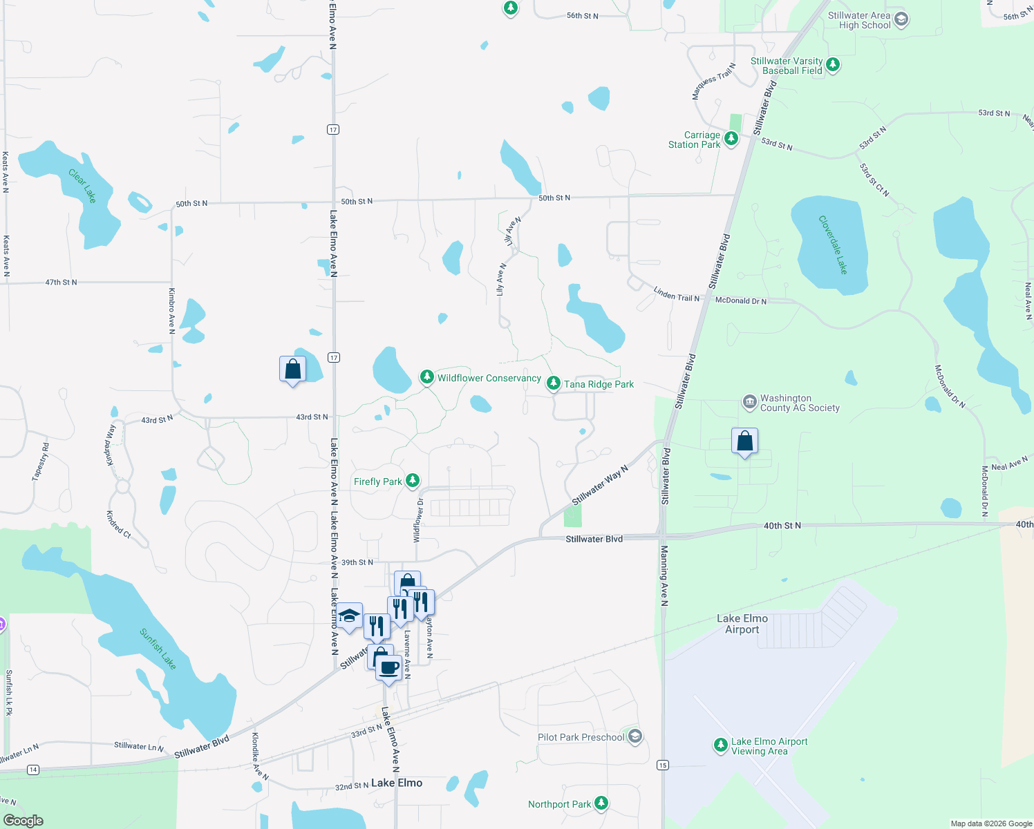 map of restaurants, bars, coffee shops, grocery stores, and more near 4348 Lily Avenue North in Lake Elmo