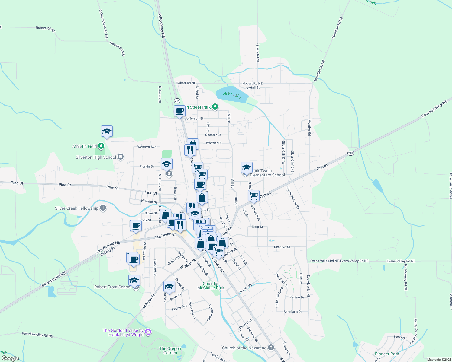 map of restaurants, bars, coffee shops, grocery stores, and more near 421 Lone Oaks Loop in Silverton