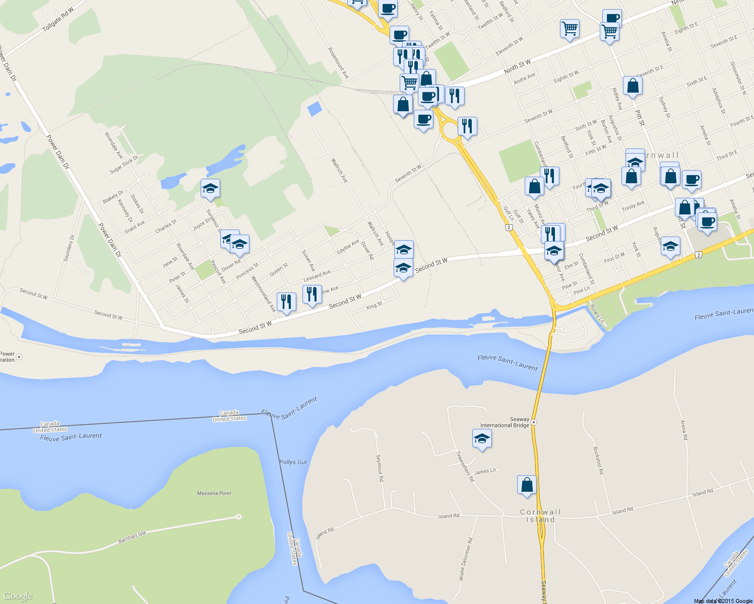 map of restaurants, bars, coffee shops, grocery stores, and more near 10 King Street in Cornwall