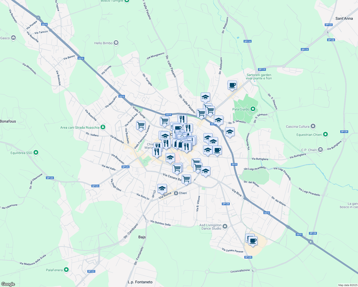 map of restaurants, bars, coffee shops, grocery stores, and more near 4 Piazza Umberto in Chieri