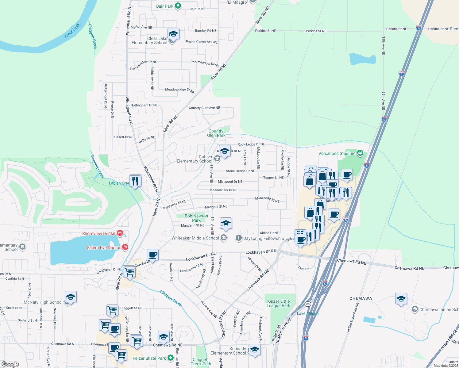 map of restaurants, bars, coffee shops, grocery stores, and more near 1628 Mistwood Drive Northeast in Keizer
