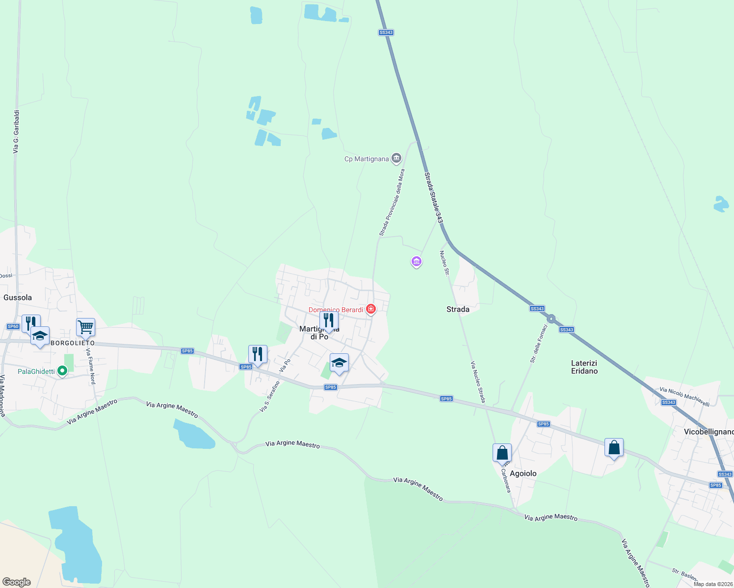 map of restaurants, bars, coffee shops, grocery stores, and more near 51 Strada Provinciale della Mora in Martignana di Po