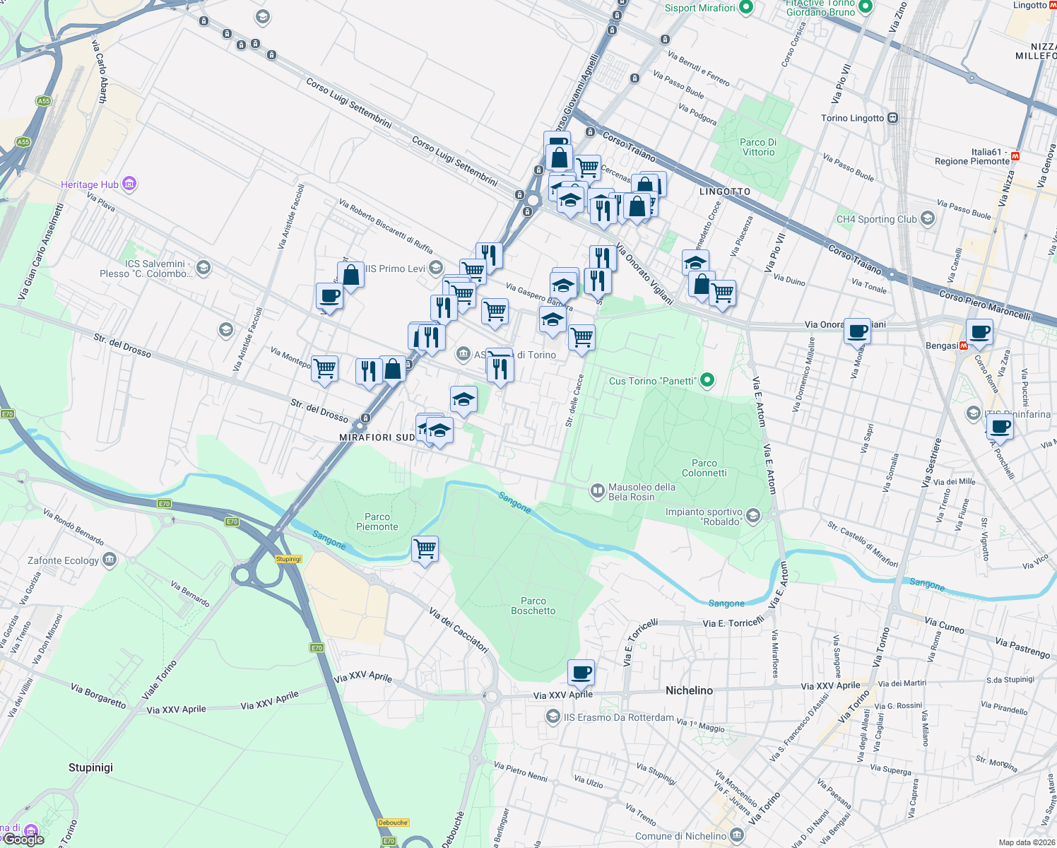 map of restaurants, bars, coffee shops, grocery stores, and more near 14 Via Luigi Capuana in Torino