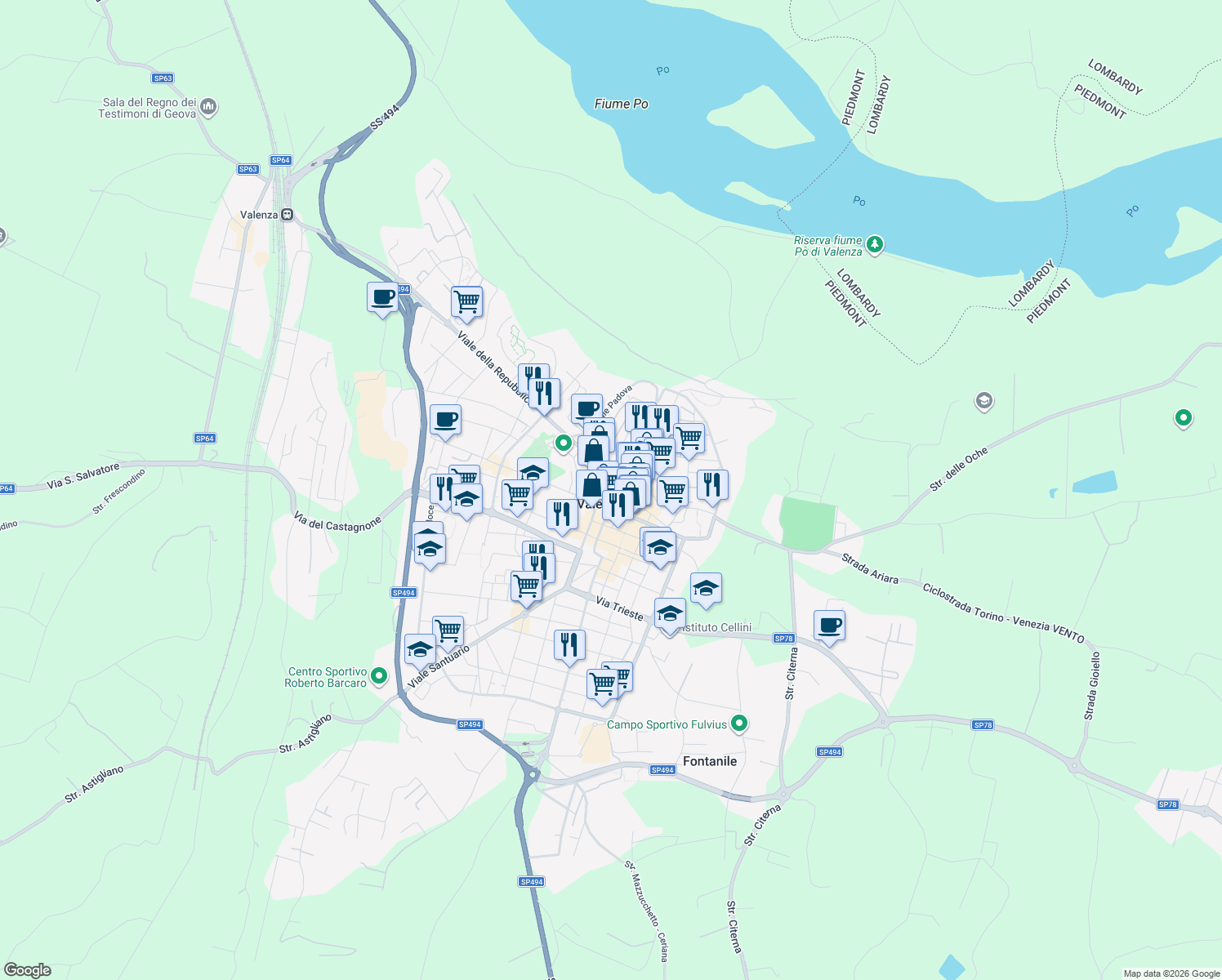 map of restaurants, bars, coffee shops, grocery stores, and more near 2A Vicolo dei Sarmati in Valenza