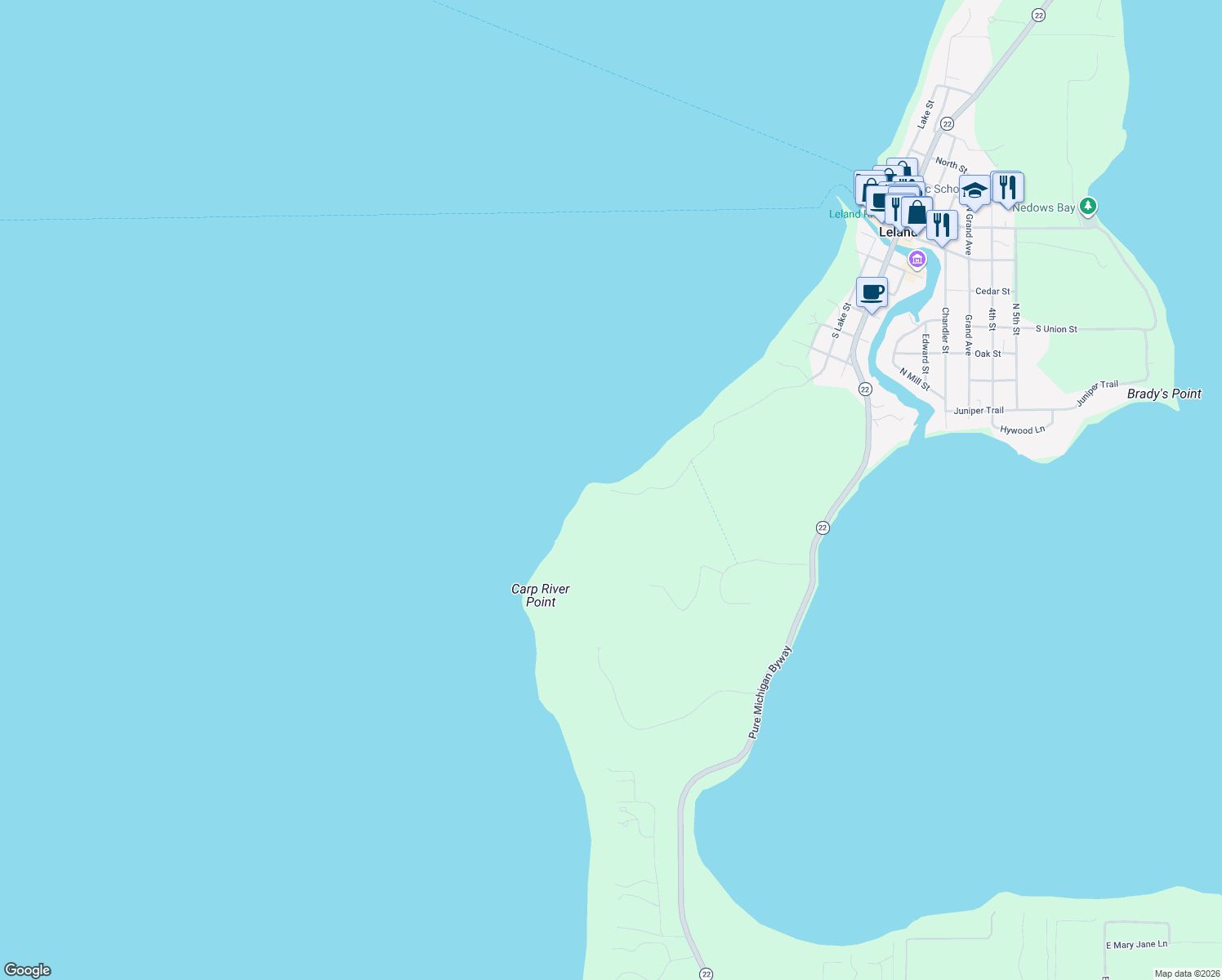 map of restaurants, bars, coffee shops, grocery stores, and more near 798 South Lake Street in Leland