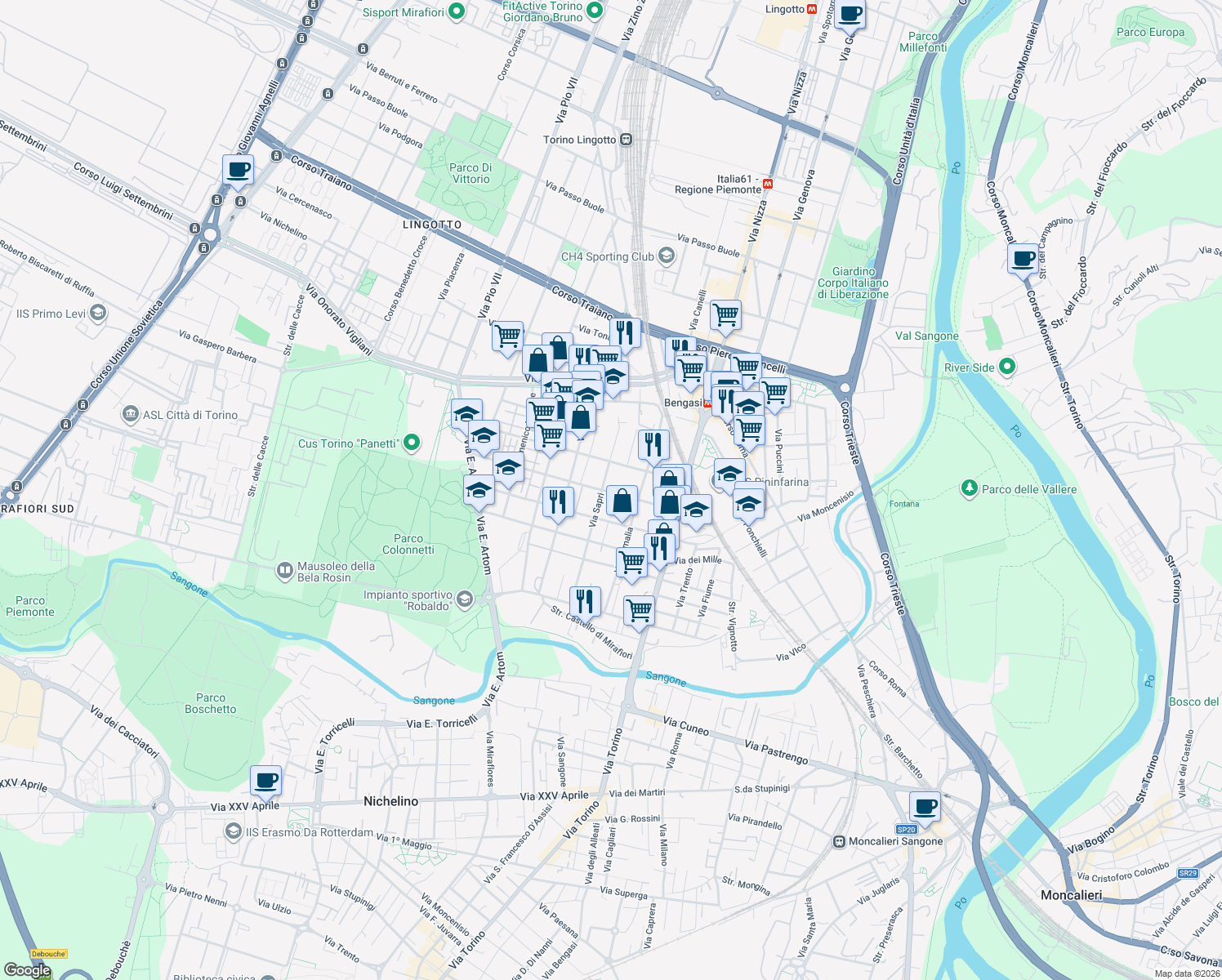 map of restaurants, bars, coffee shops, grocery stores, and more near 16 Via Carlo Pisacane in Torino