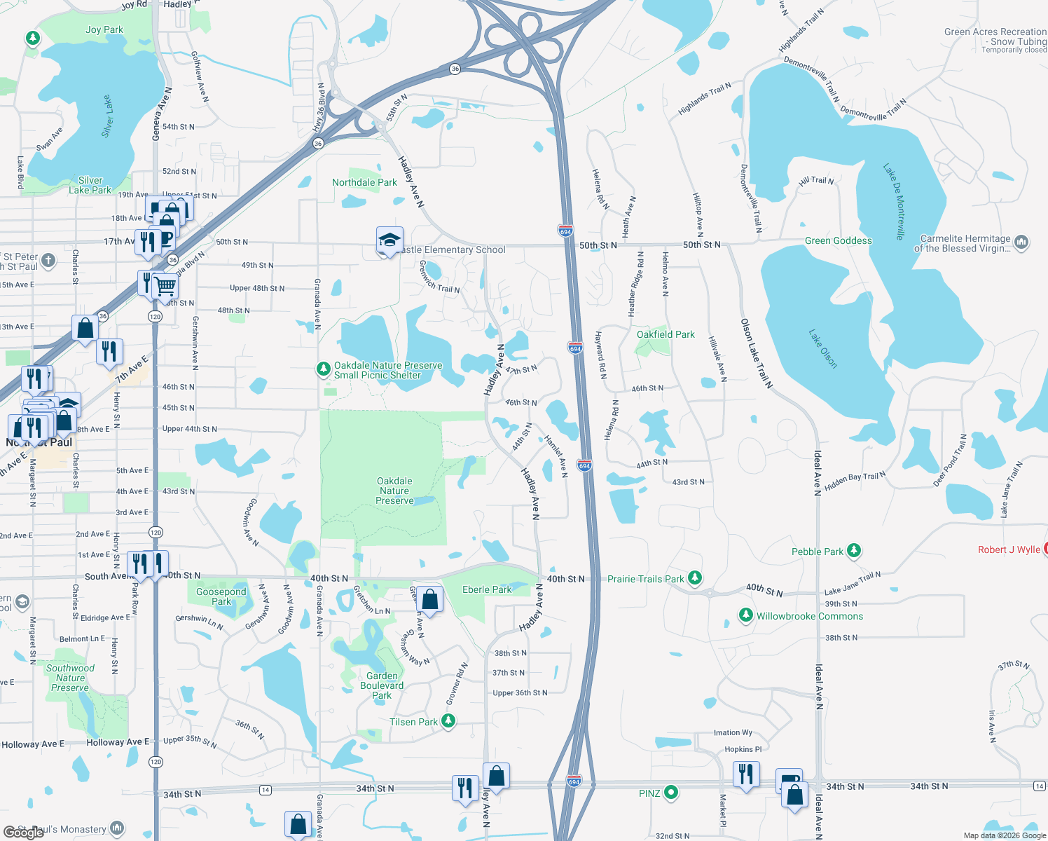 map of restaurants, bars, coffee shops, grocery stores, and more near 4414 Hamlet Avenue North in Saint Paul