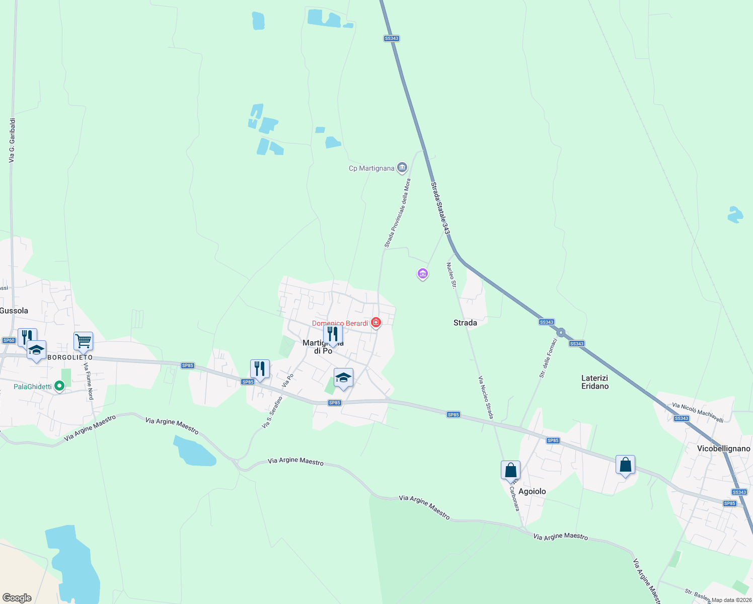 map of restaurants, bars, coffee shops, grocery stores, and more near 51 Strada Provinciale della Mora in Martignana di Po