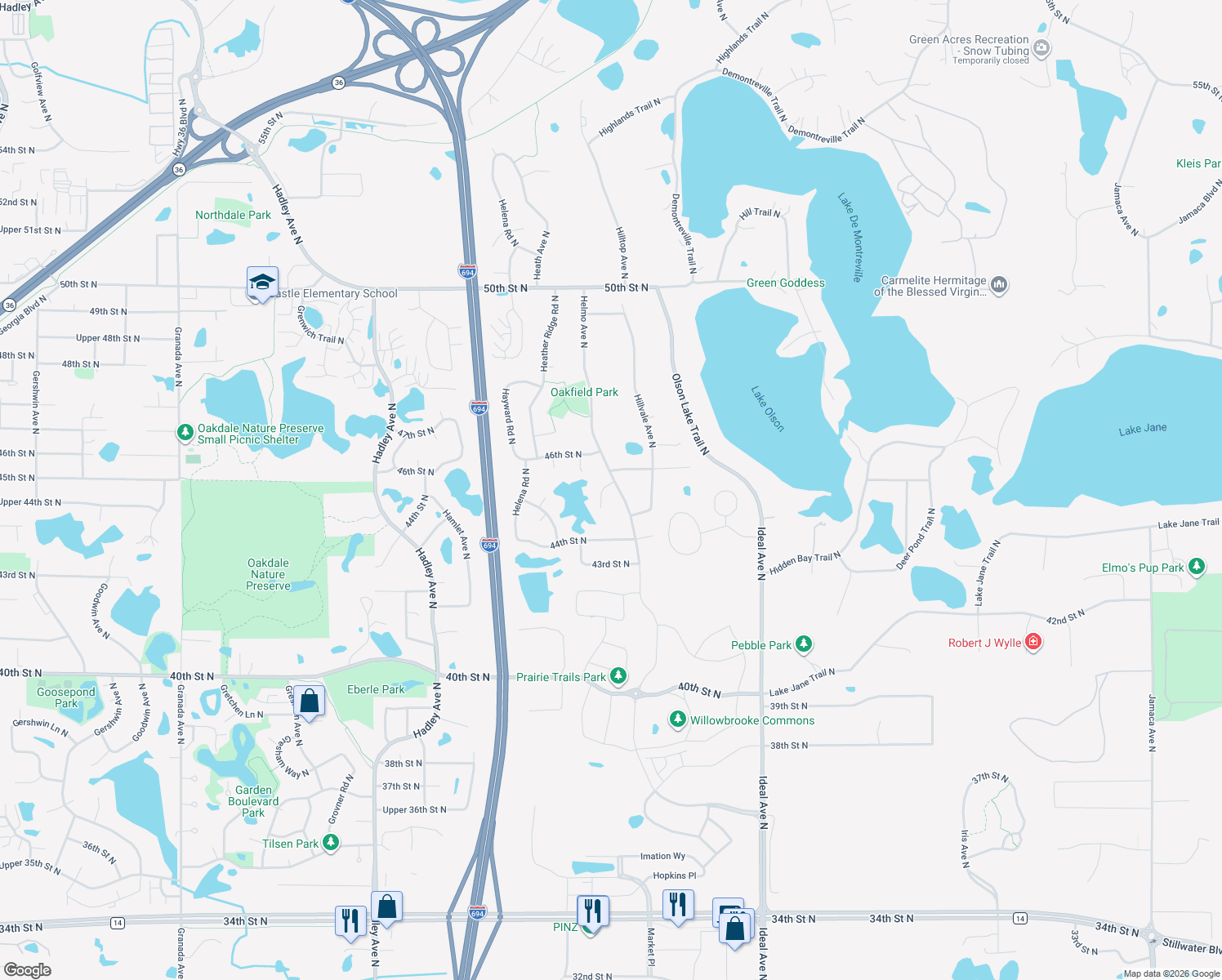 map of restaurants, bars, coffee shops, grocery stores, and more near 4502 Helmo Place North in Oakdale