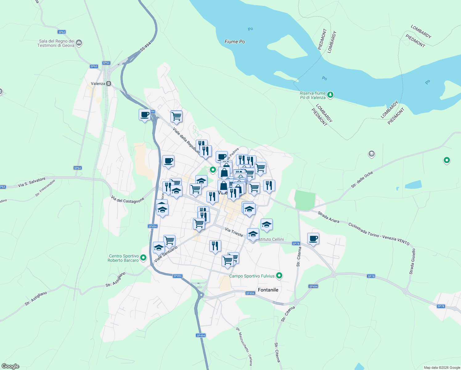 map of restaurants, bars, coffee shops, grocery stores, and more near 2A Vicolo dei Sarmati in Valenza