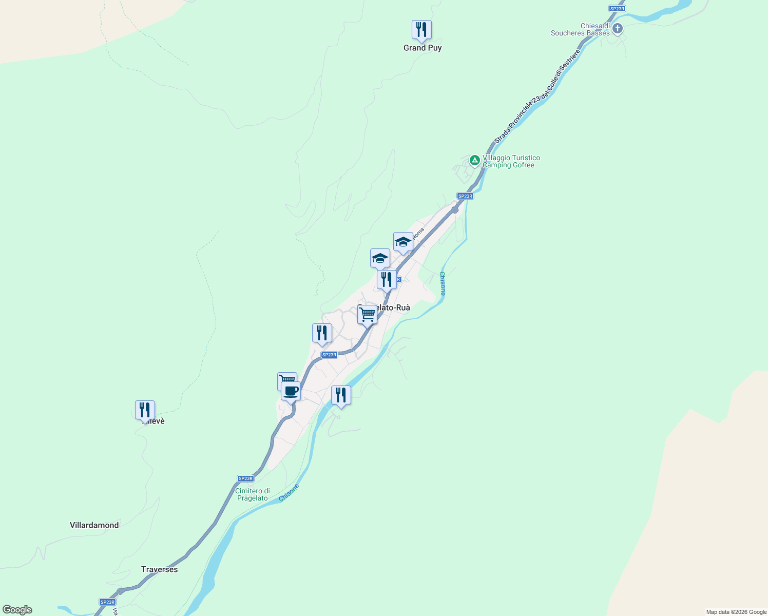 map of restaurants, bars, coffee shops, grocery stores, and more near 2 Via della Pineta in Pragelato-Ruà