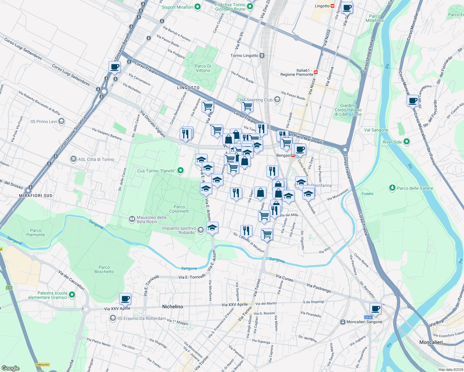 map of restaurants, bars, coffee shops, grocery stores, and more near 49 Via Fratelli de Maistre in Torino