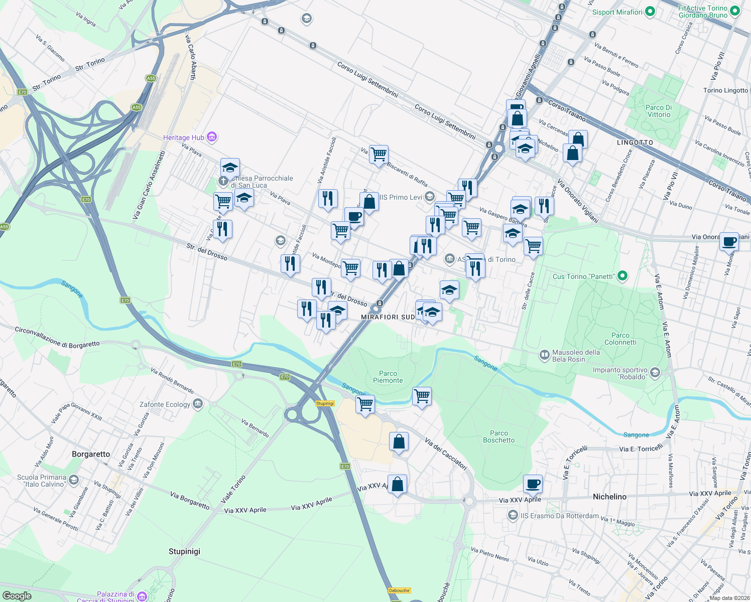 map of restaurants, bars, coffee shops, grocery stores, and more near 594 Corso Unione Sovietica in Torino