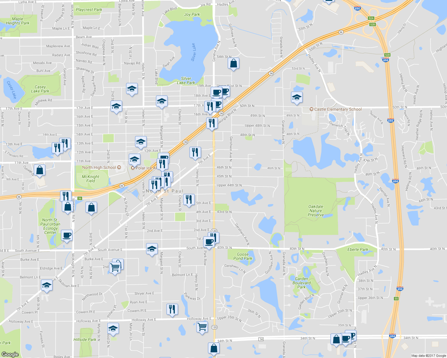 map of restaurants, bars, coffee shops, grocery stores, and more near 6067 45th Street North in Saint Paul