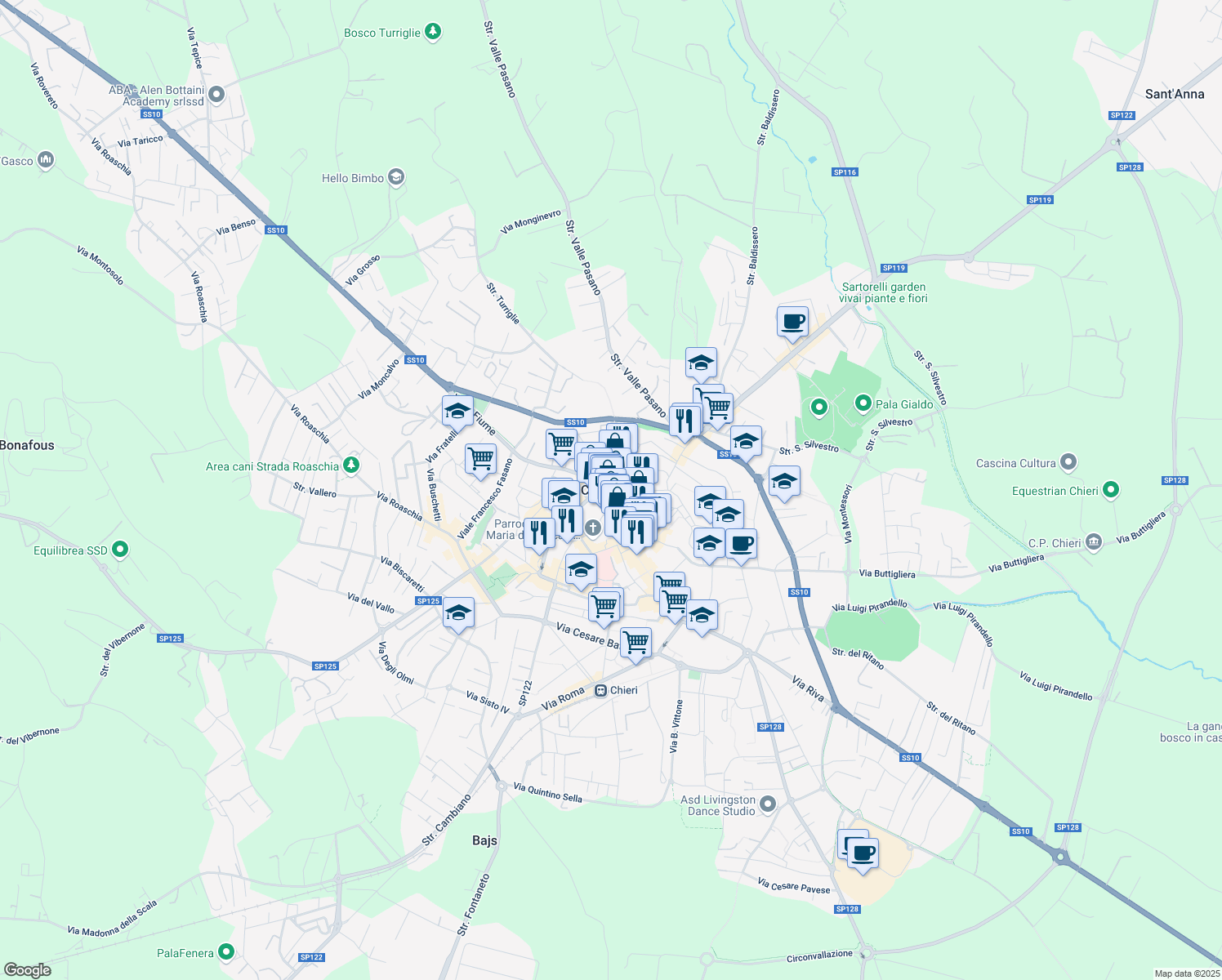 map of restaurants, bars, coffee shops, grocery stores, and more near 4/B Vicolo Fantini in Chieri