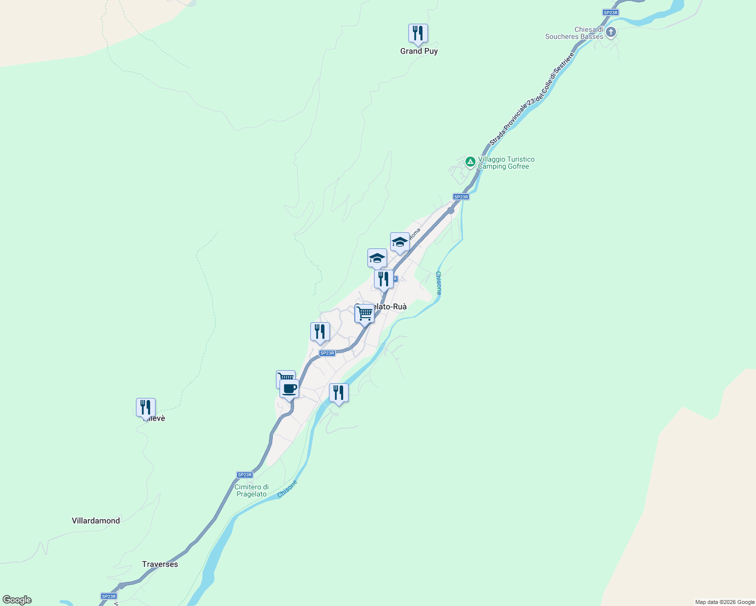 map of restaurants, bars, coffee shops, grocery stores, and more near 2 Via della Pineta in Pragelato-Ruà