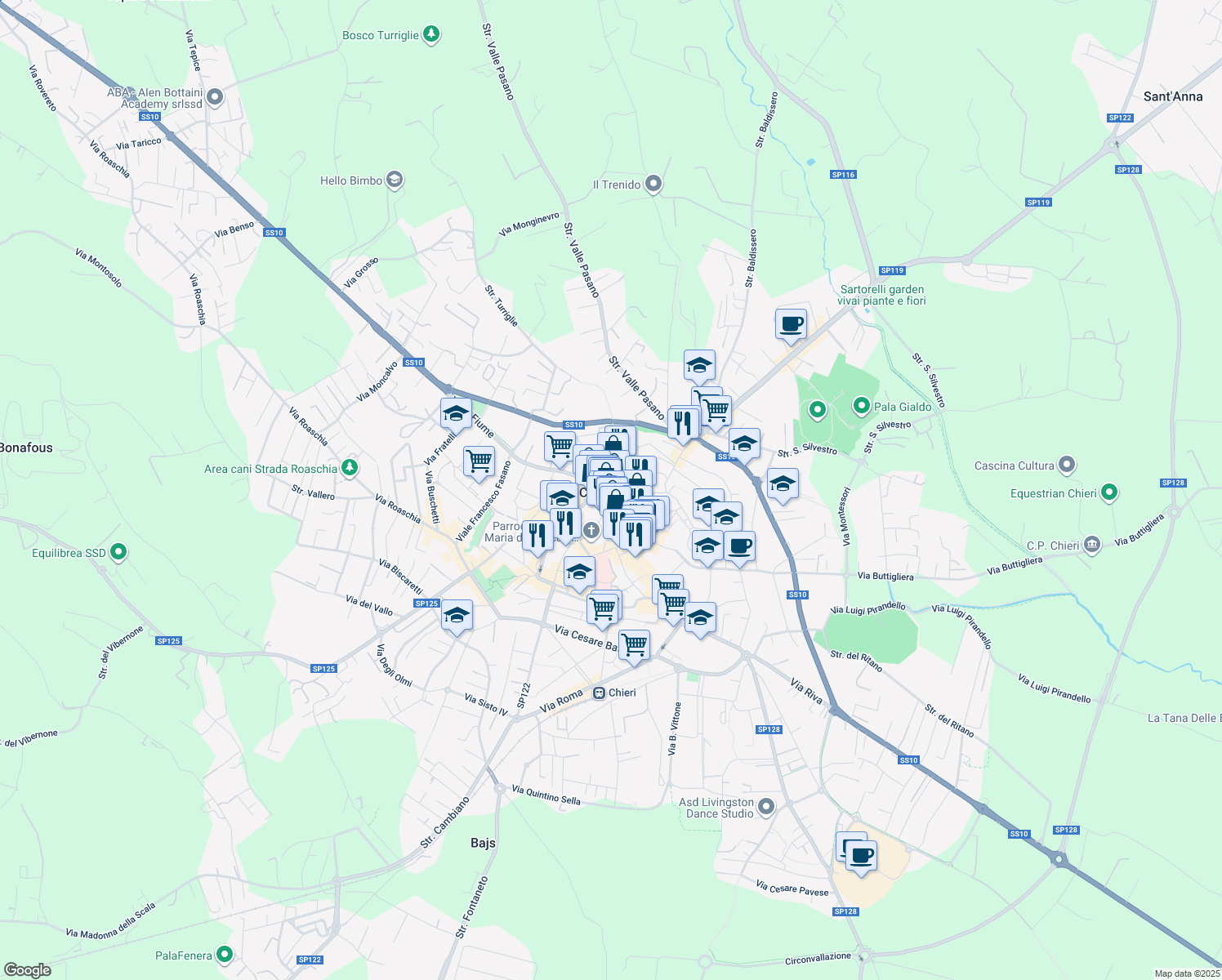 map of restaurants, bars, coffee shops, grocery stores, and more near 4/B Vicolo Fantini in Chieri