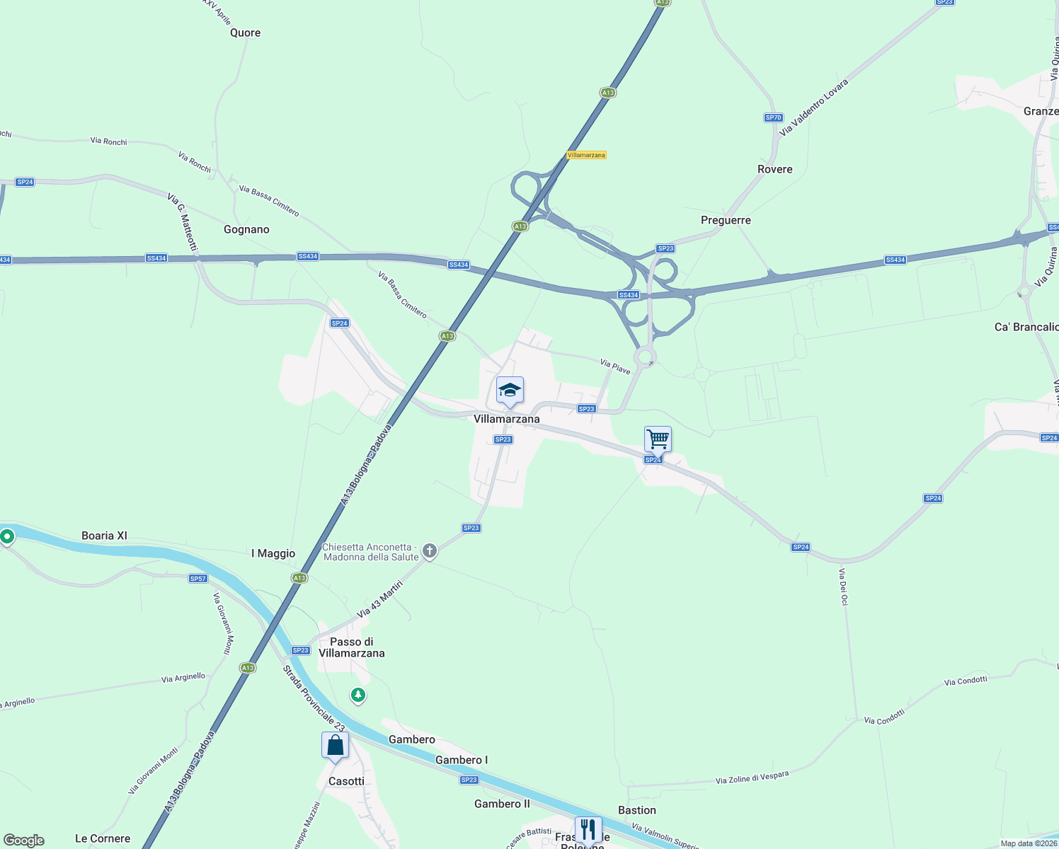 map of restaurants, bars, coffee shops, grocery stores, and more near 2 Via Aldo Moro in Rovigo