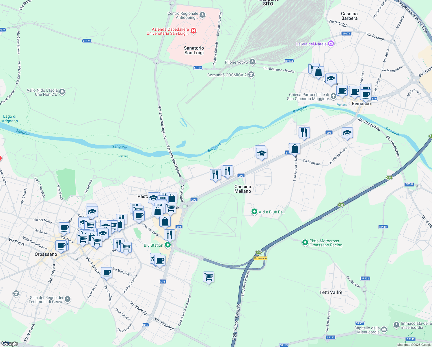 map of restaurants, bars, coffee shops, grocery stores, and more near 12 Via Don Pietro Giordano in Cascina Mellano