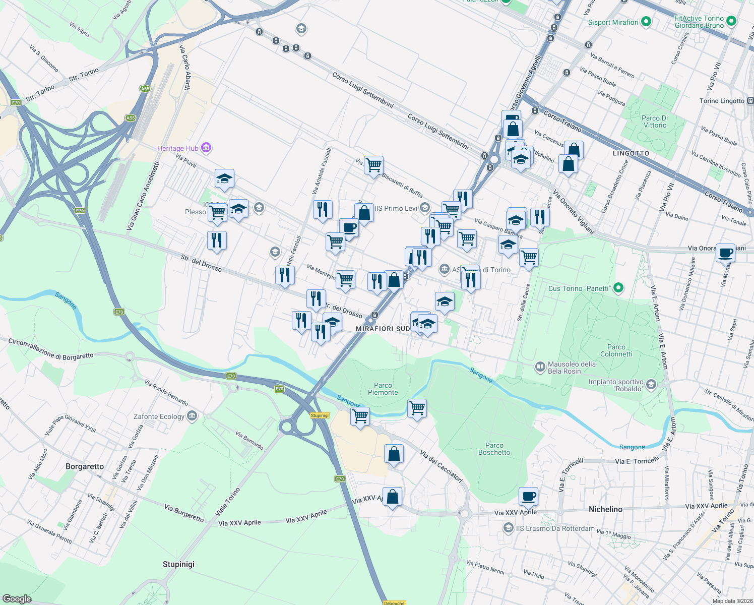 map of restaurants, bars, coffee shops, grocery stores, and more near 2-30 Via Monteponi in Turin