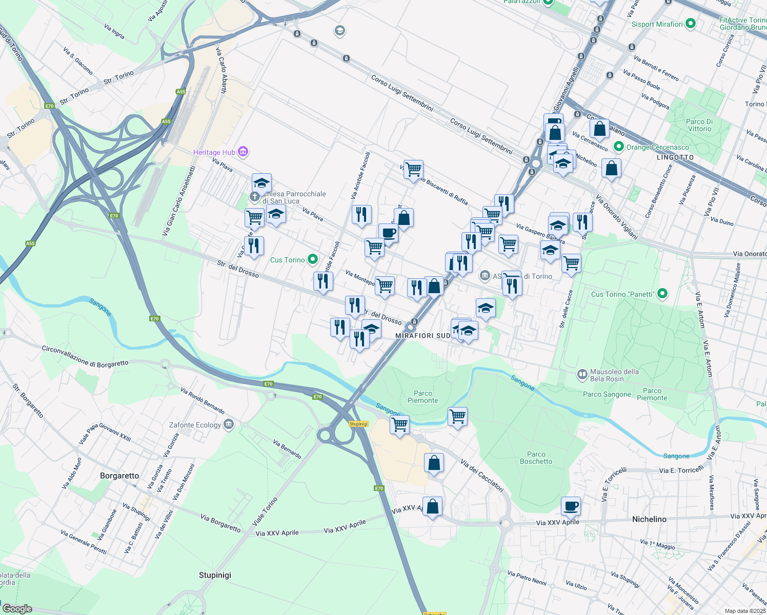 map of restaurants, bars, coffee shops, grocery stores, and more near 3 Via Francesca Saveria Cabrini in Torino