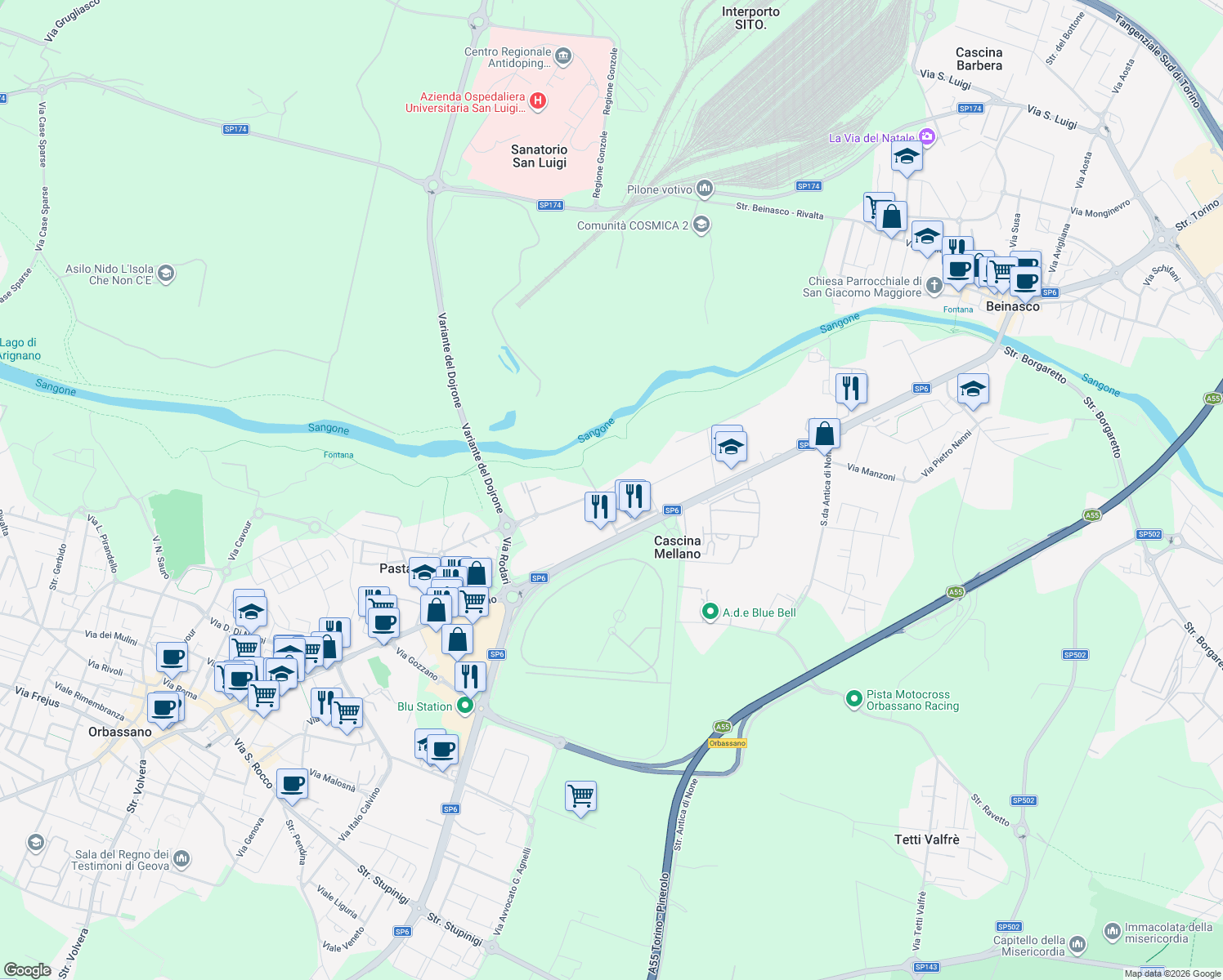 map of restaurants, bars, coffee shops, grocery stores, and more near 12 Via Don Pietro Giordano in Cascina Mellano